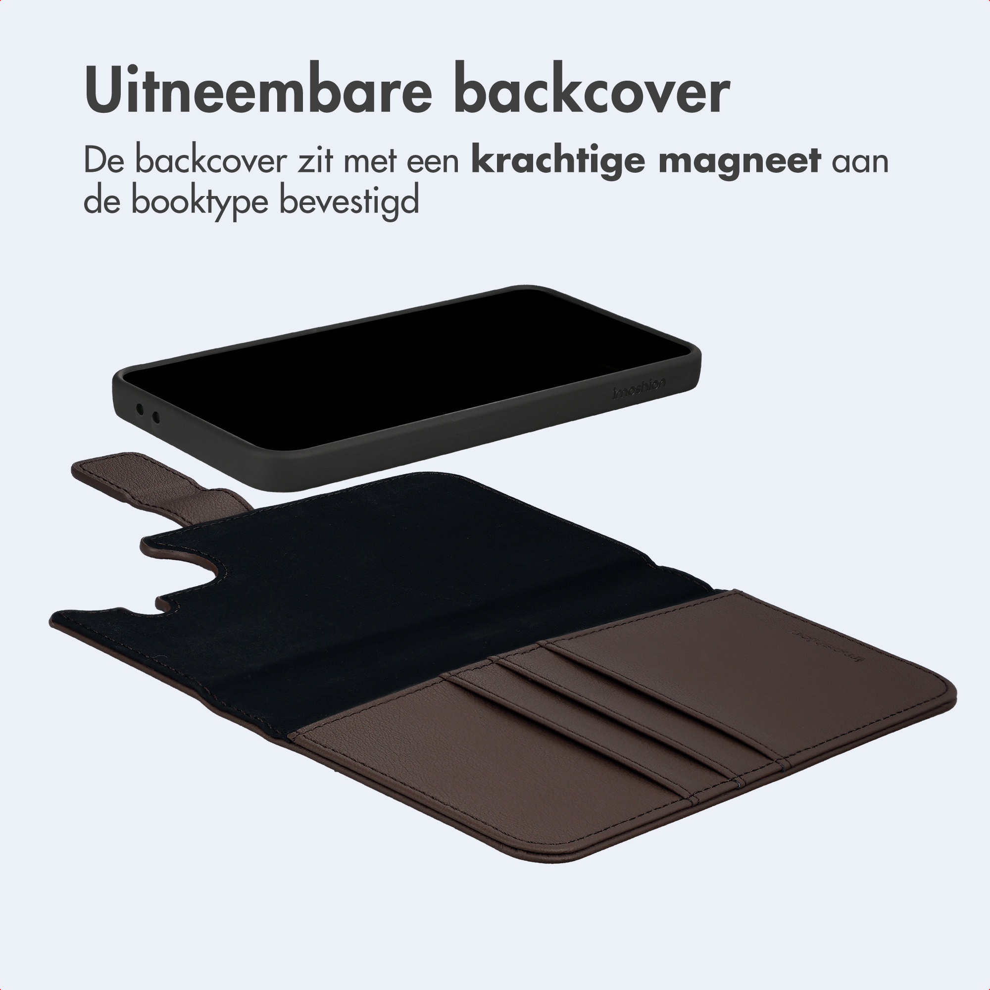Abnehmbare Hülle: Schwarzes Handy mit brauner Lederhülle, die Kartenfächer hat.