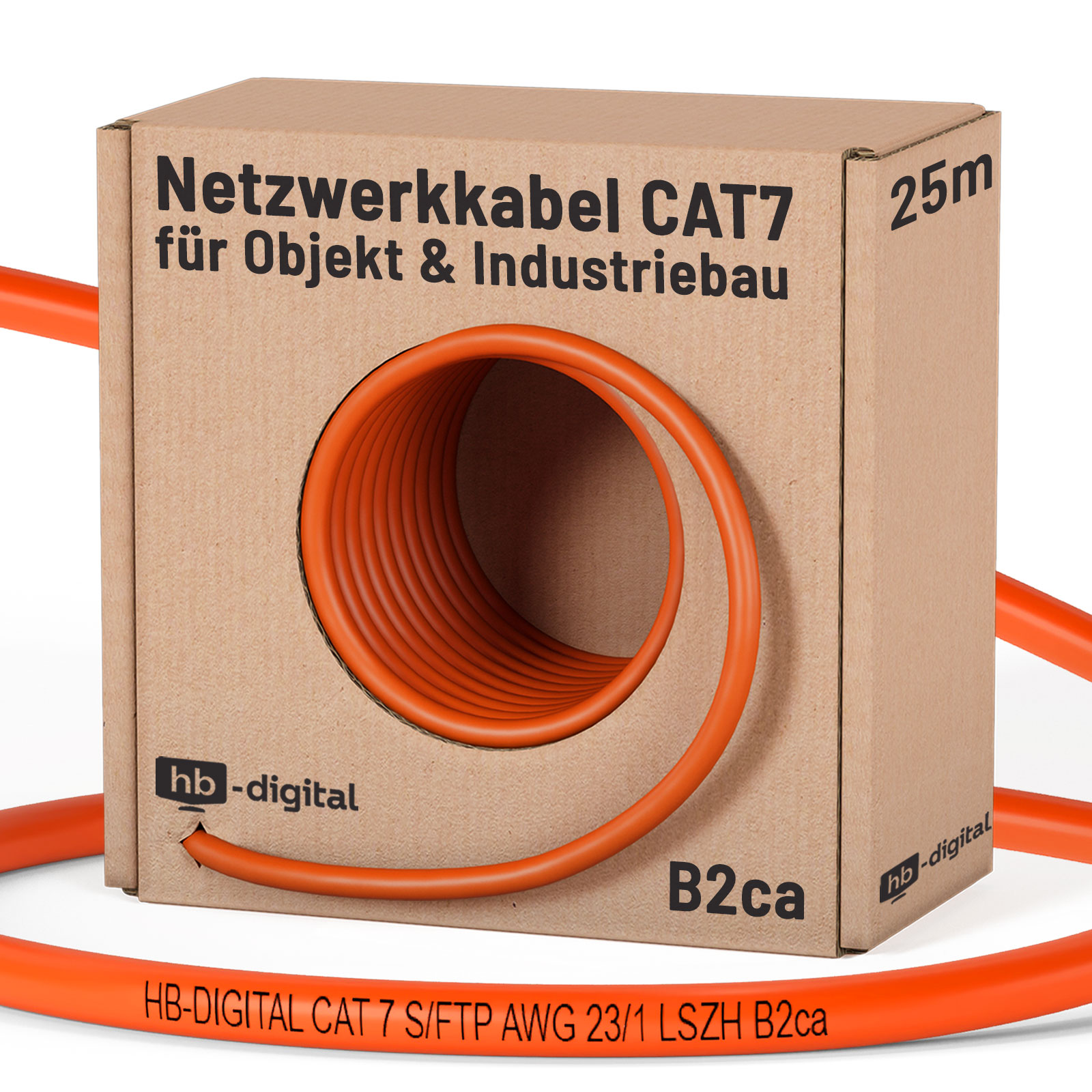 Orange CAT7 Netzwerkkabel (25m) auf einer Papprolle, für Objekt- und Industriebau.