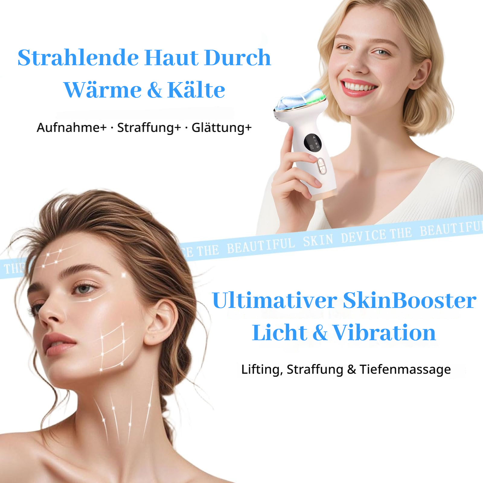 Frau hält Hautpflegegerät, lächelt. Grafiken auf anderem Gesicht.