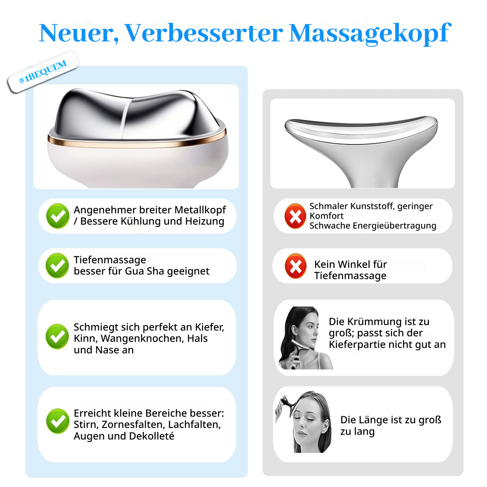 Vergleich zweier Massageköpfe: einer breit, aus Metall, für tiefe Massage; einer schmal, aus Kunststoff.