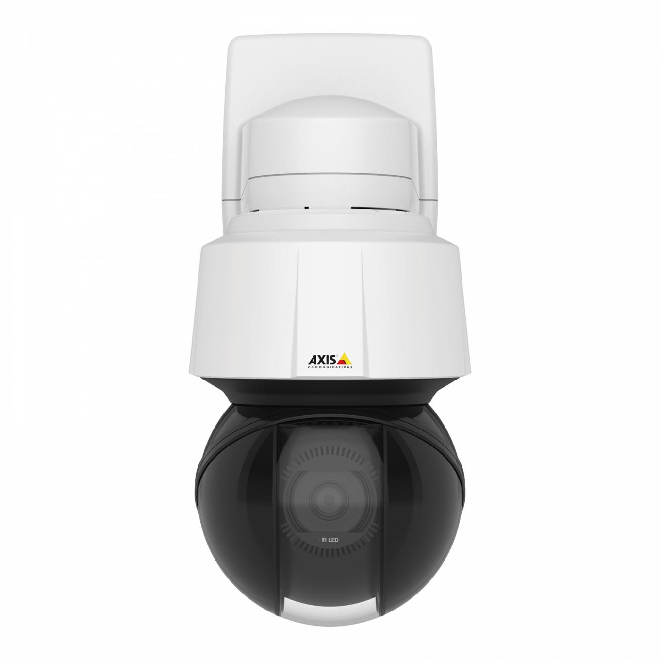 Weiße Überwachungskamera mit schwarzer Kuppel und IR-LED-Anzeige. Logo von Axis Communications.