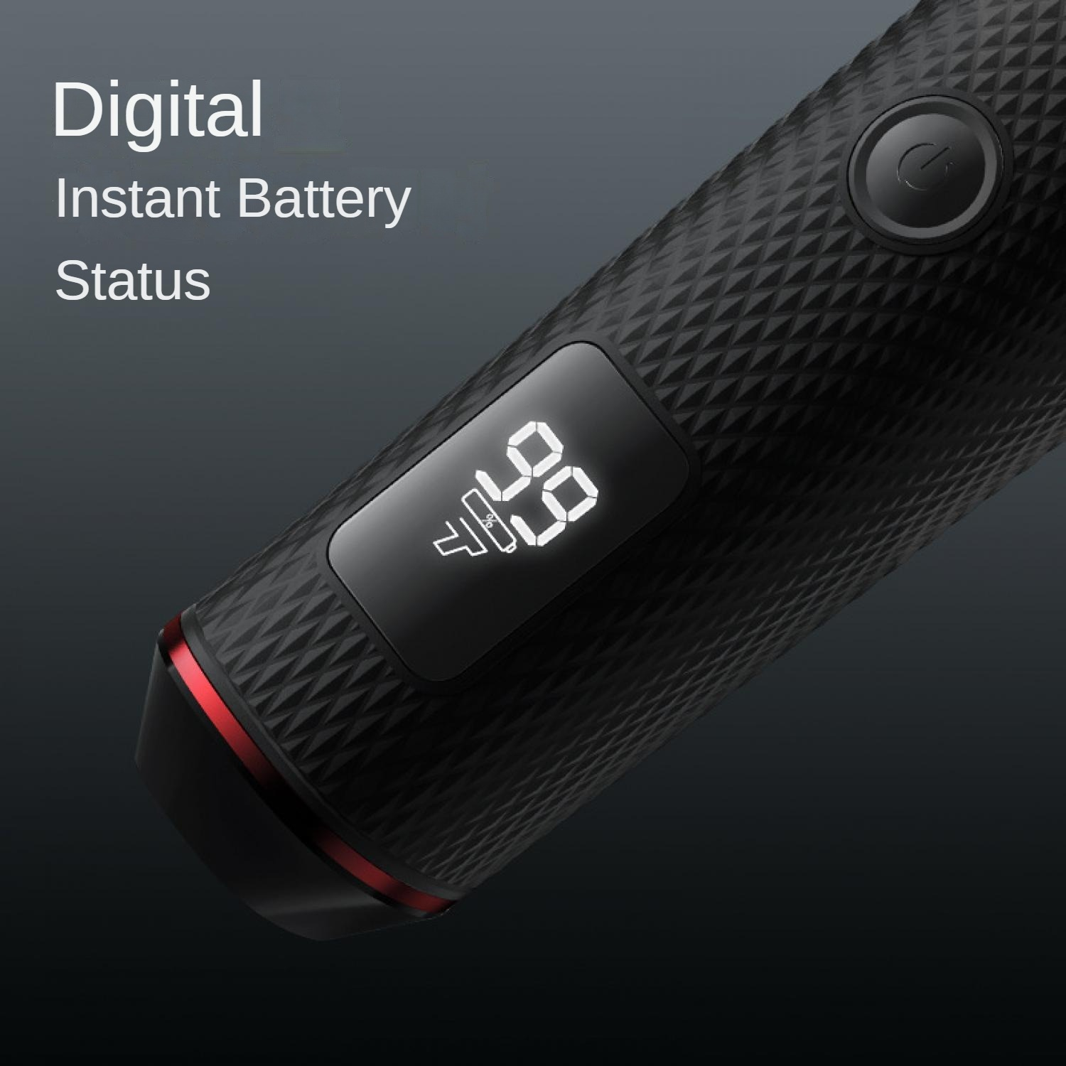 Schwarzer Gegenstand mit digitaler Batterieanzeige 49% und Power-Taste.