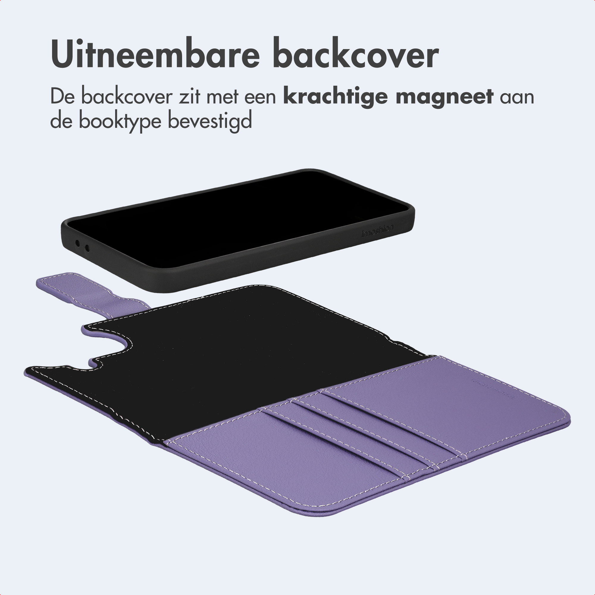 Ein abnehmbares schwarzes Handygehäuse liegt über einer violetten Brieftaschenhülle.