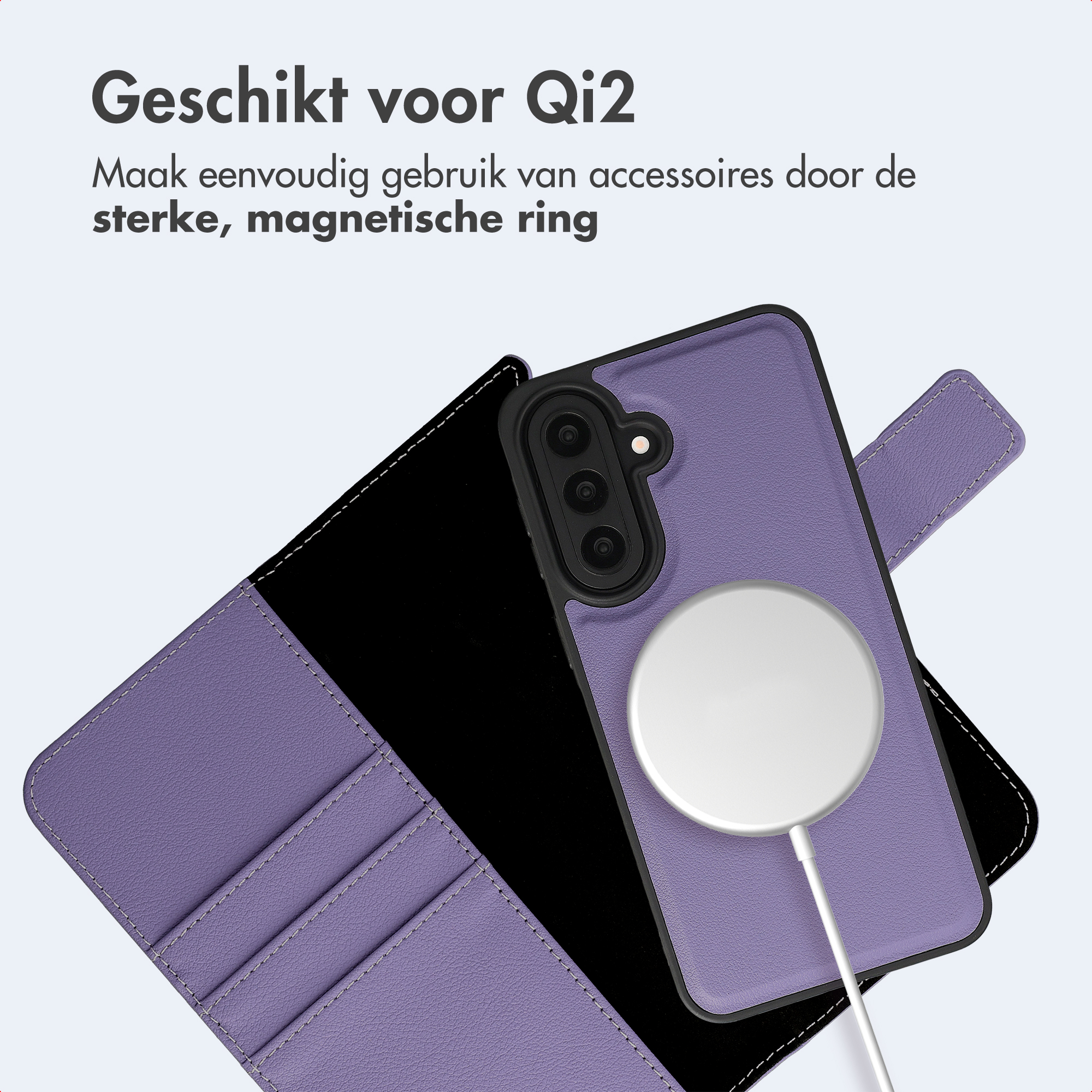Lila Handyhülle mit Magnetring und Ladekabel. Text oben.