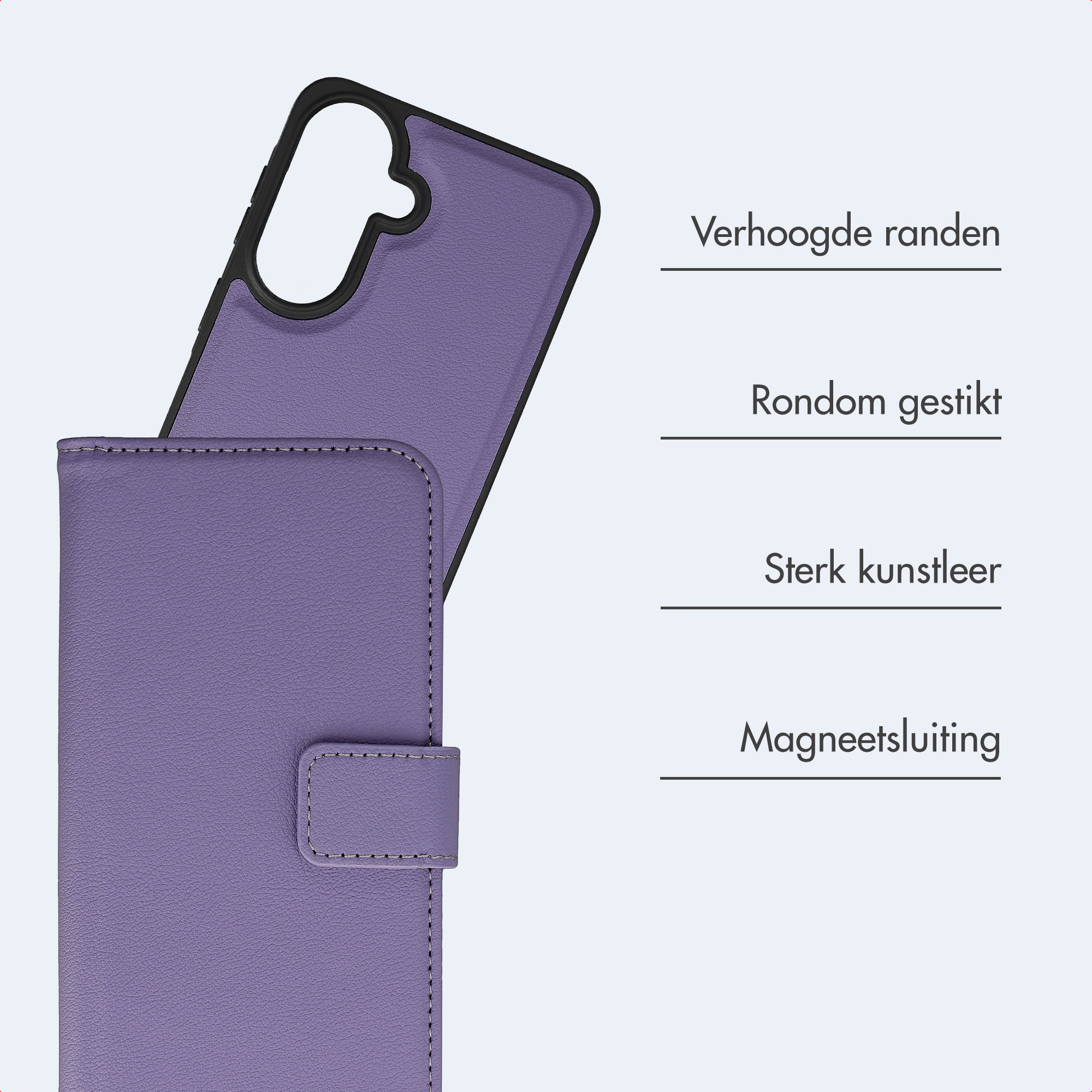 Lila Handyhülle mit erhöhten Rändern und Magnetverschluss.