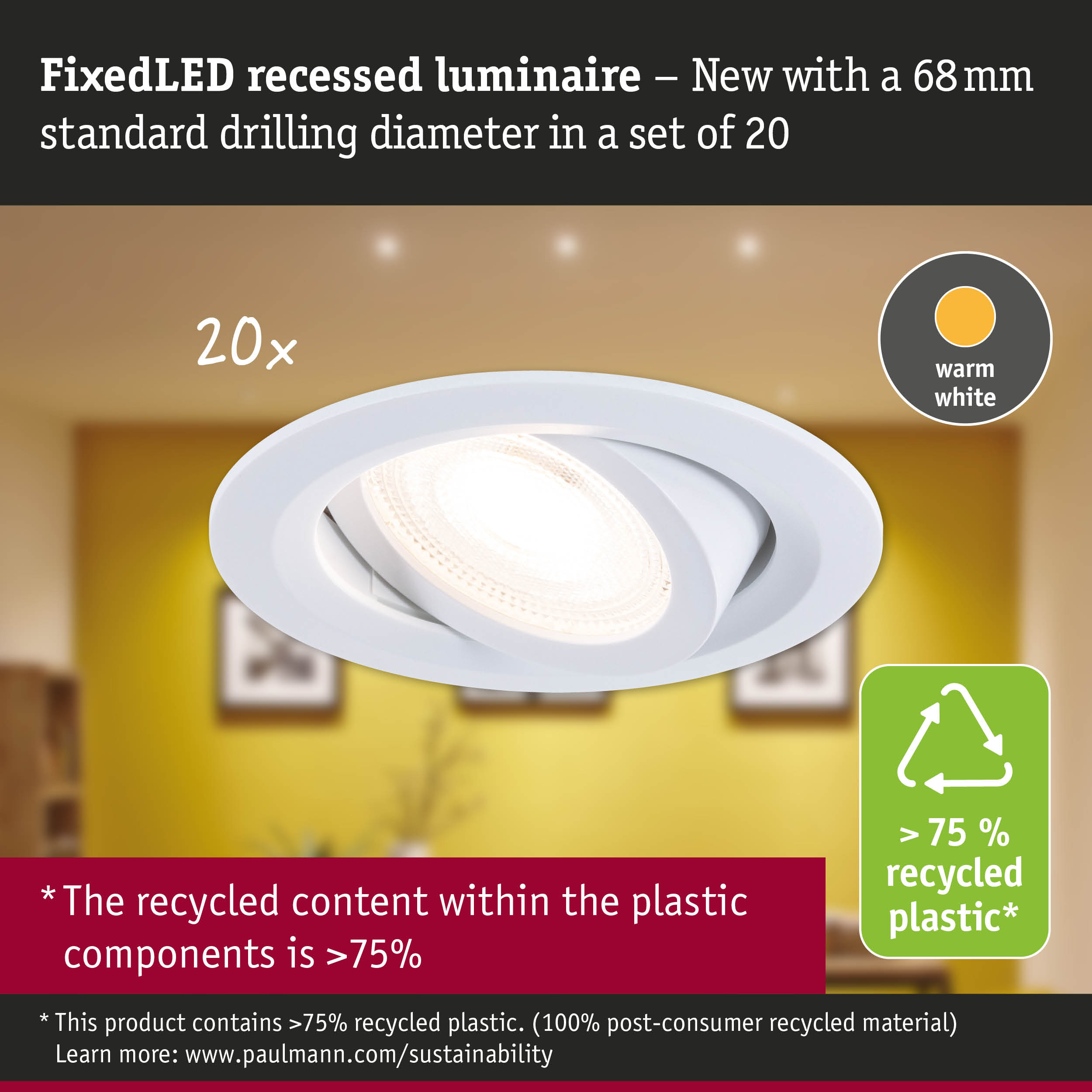 Ein weißer LED-Einbaustrahler mit warmweißem Licht, 20 Stück, 68mm Bohrdurchmesser.