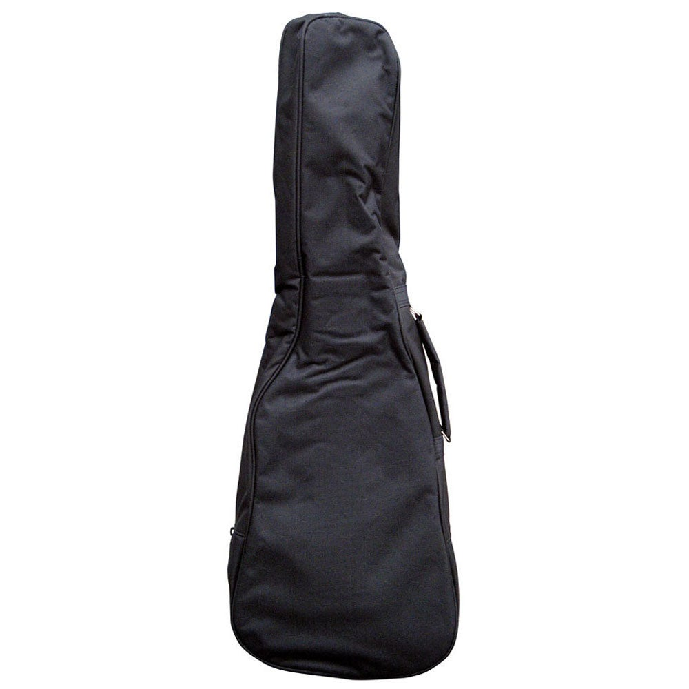 Czarna torba na gitarę z zamkiem i uchwytem, na białym tle.