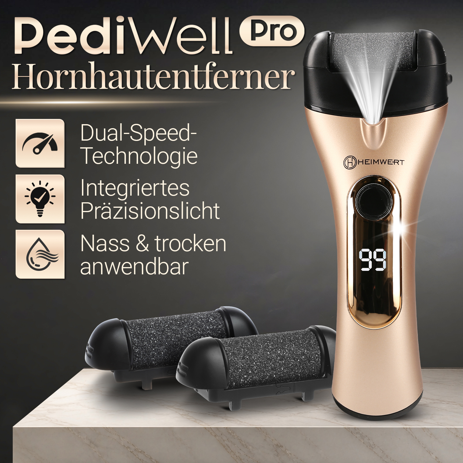 Goldener Hornhautentferner mit Präzisionslicht und zwei Aufsätzen.
