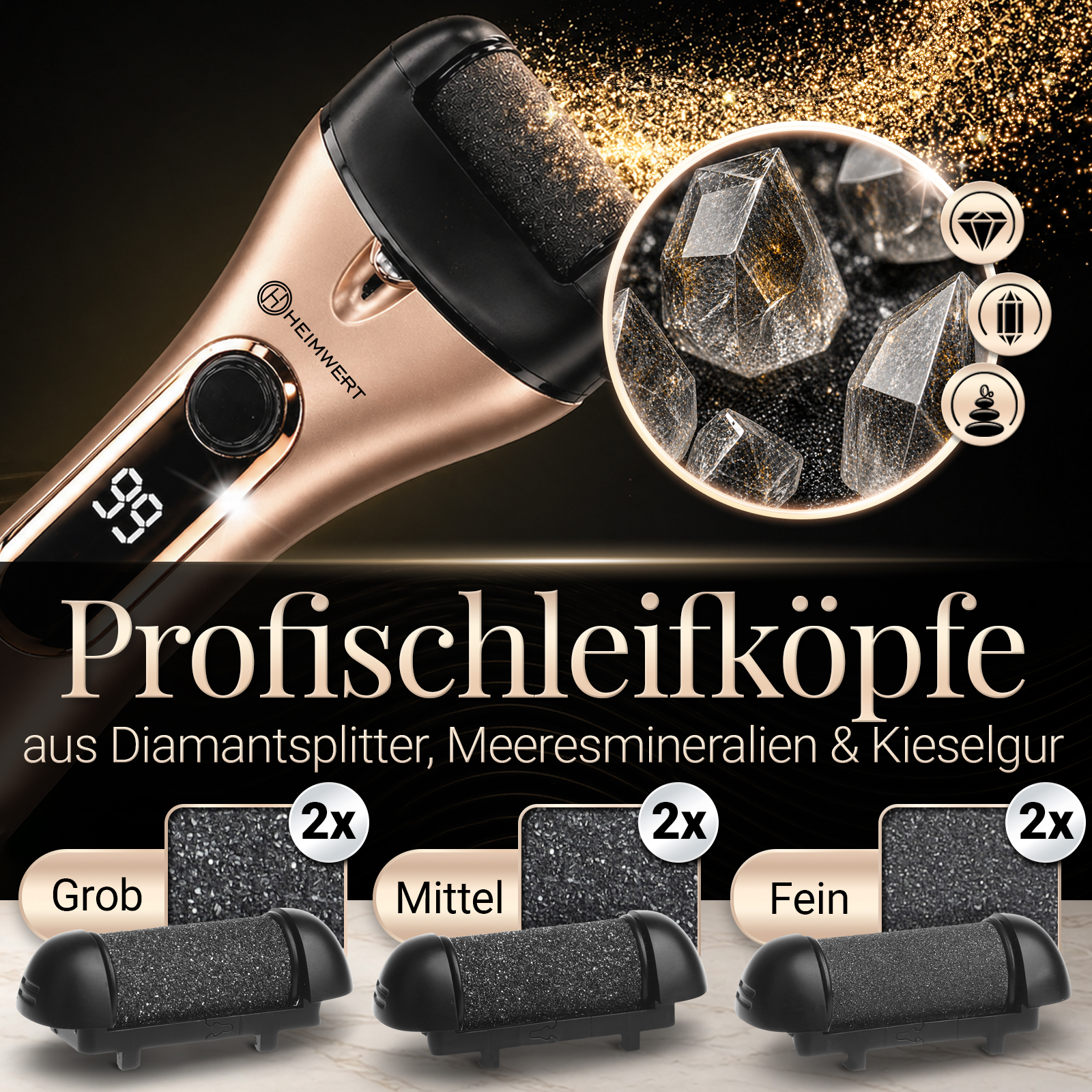 Ein rosa elektrischer Hornhautentferner mit drei Aufsätzen: Grob, Mittel und Fein.