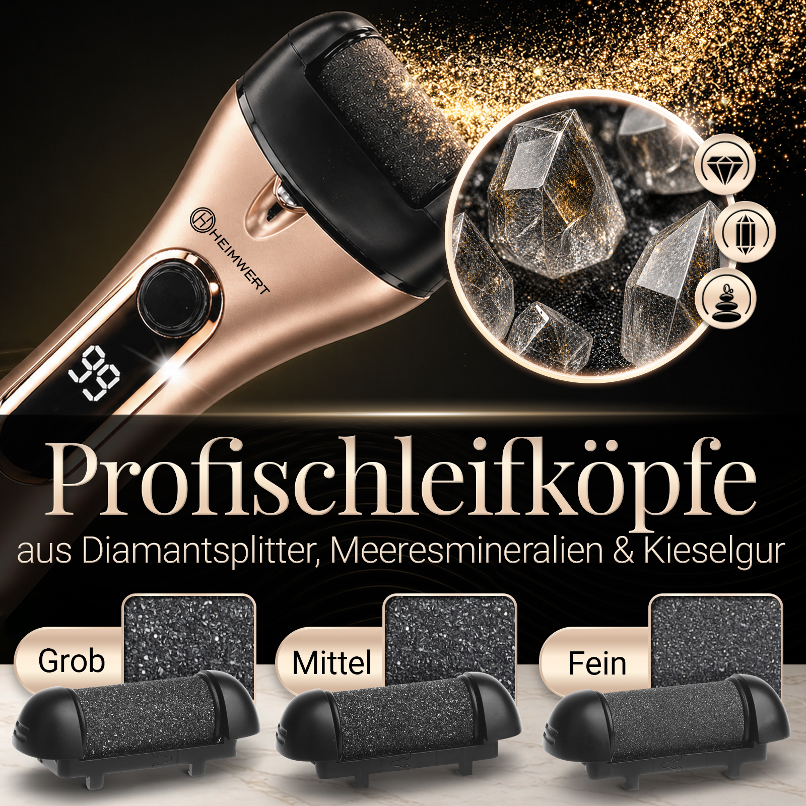 Ein roségoldener Nagelhautentferner mit drei Aufsätzen: grob, mittel, fein.