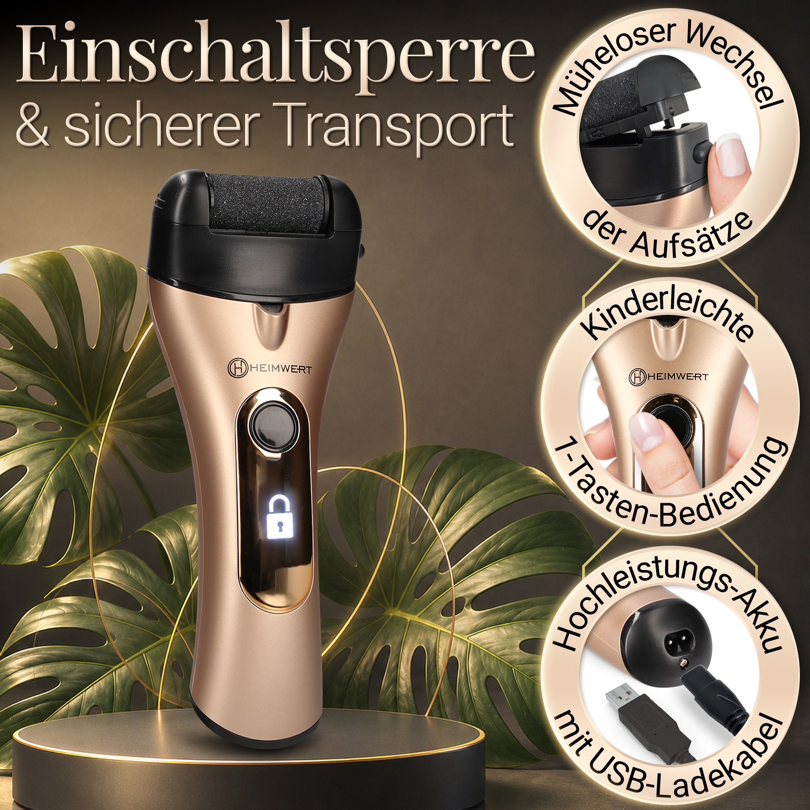 Ein goldener Hornhautentferner mit Aufsätzen, Ladekabel und Text.