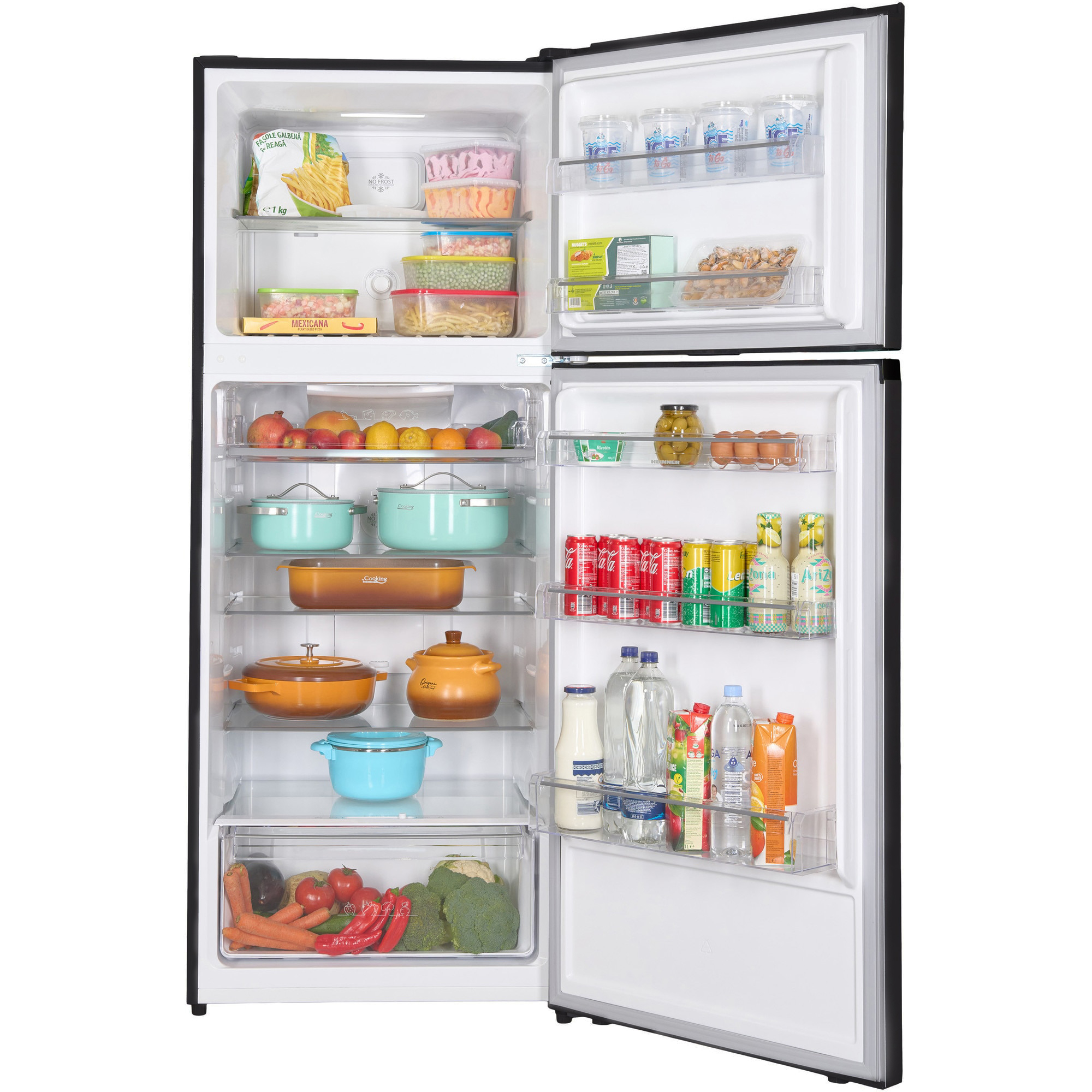 An open refrigerator filled with food on all shelves, including fruits, vegetables, drinks, and containers.