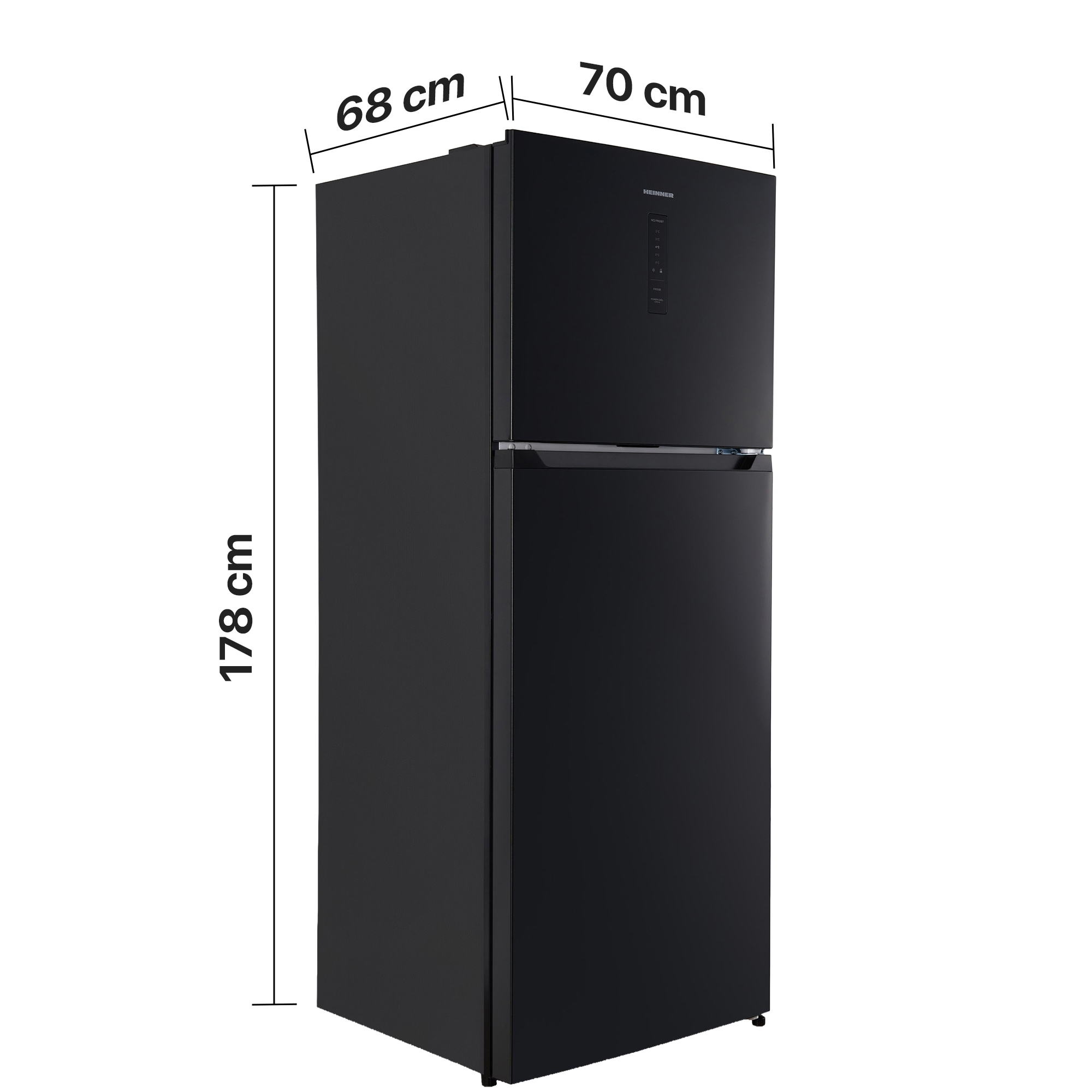 Black refrigerator with dimensions 178x70x68 cm, featuring a top freezer.