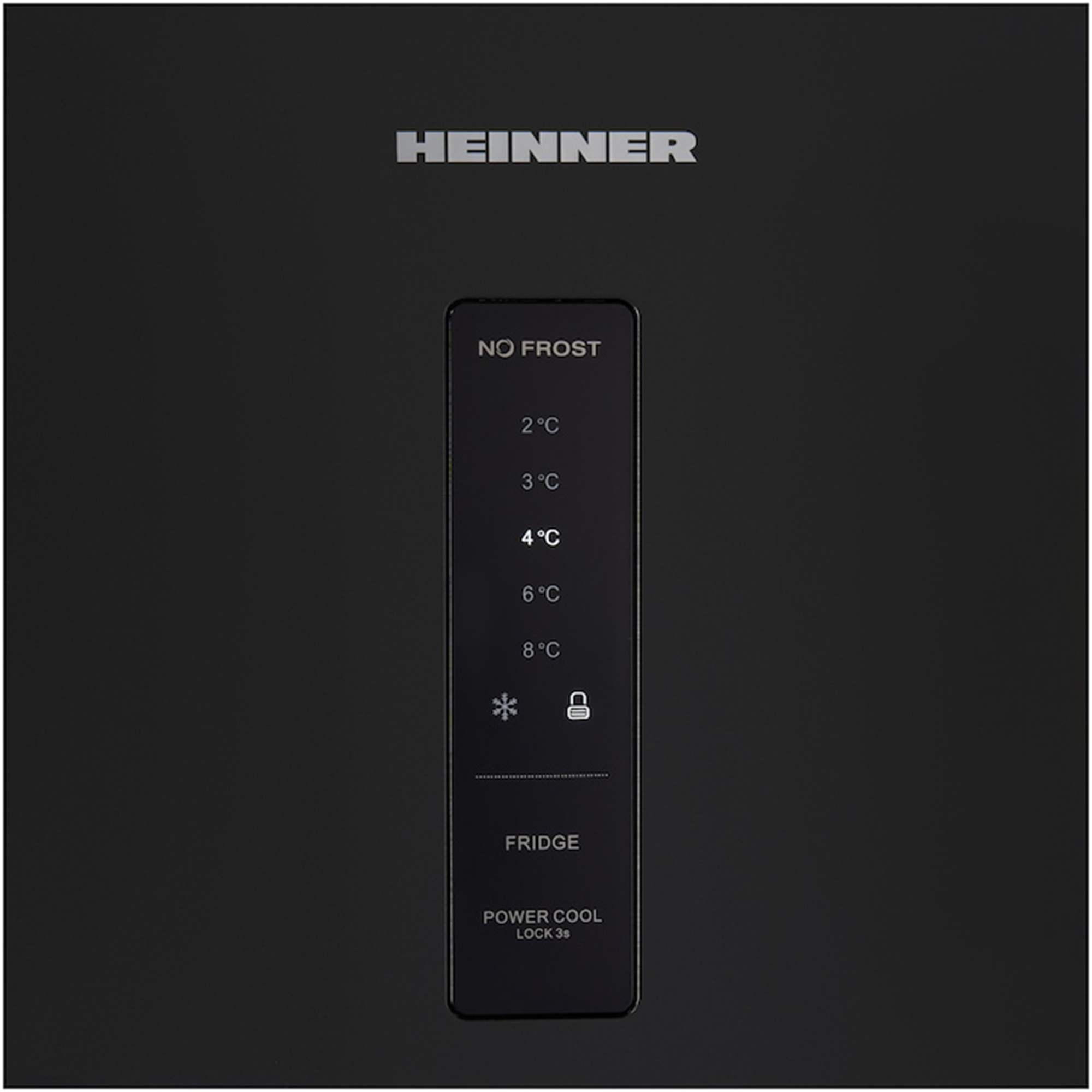Heinner logo above a fridge touchscreen with temperature settings.