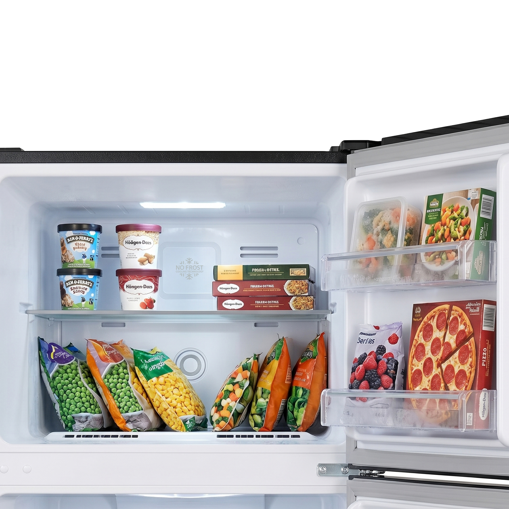 An open refrigerator filled with ice cream, frozen vegetables, berries, and pizza.
