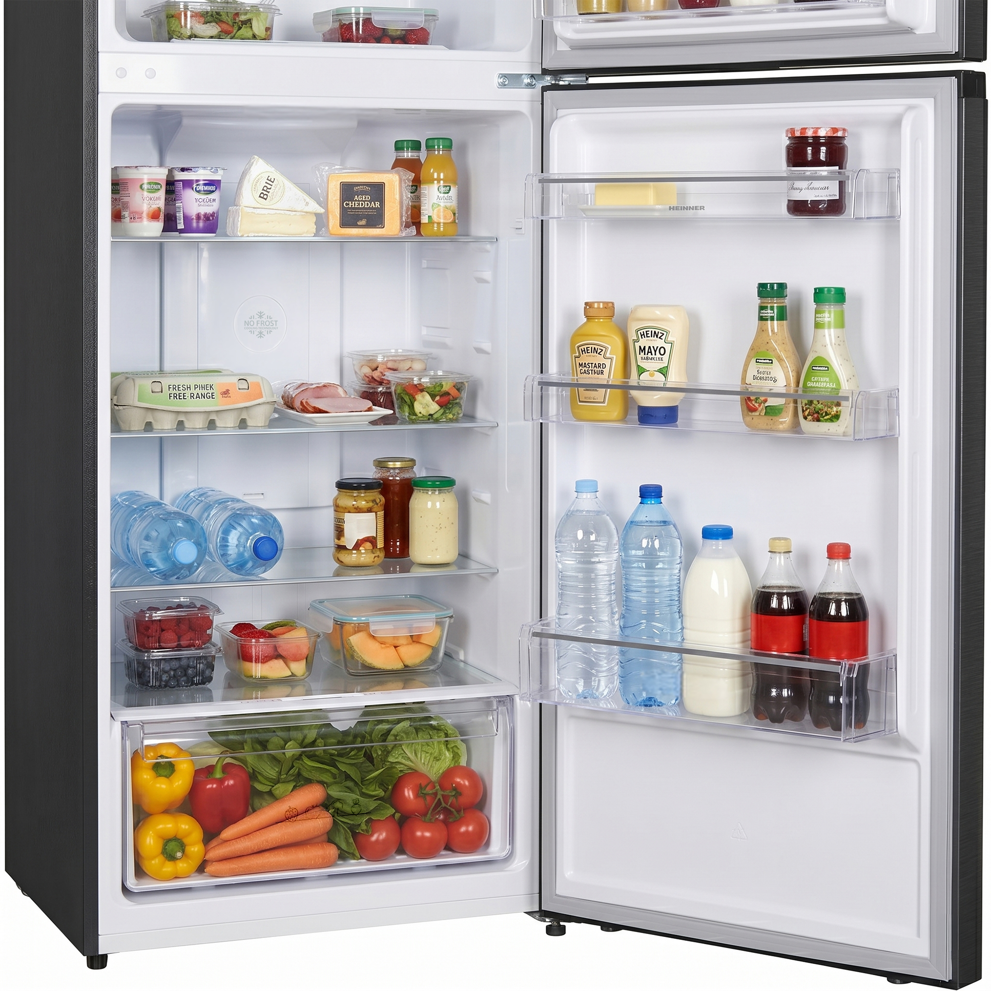 Open refrigerator filled with food: fruits, vegetables, drinks, and cheese.