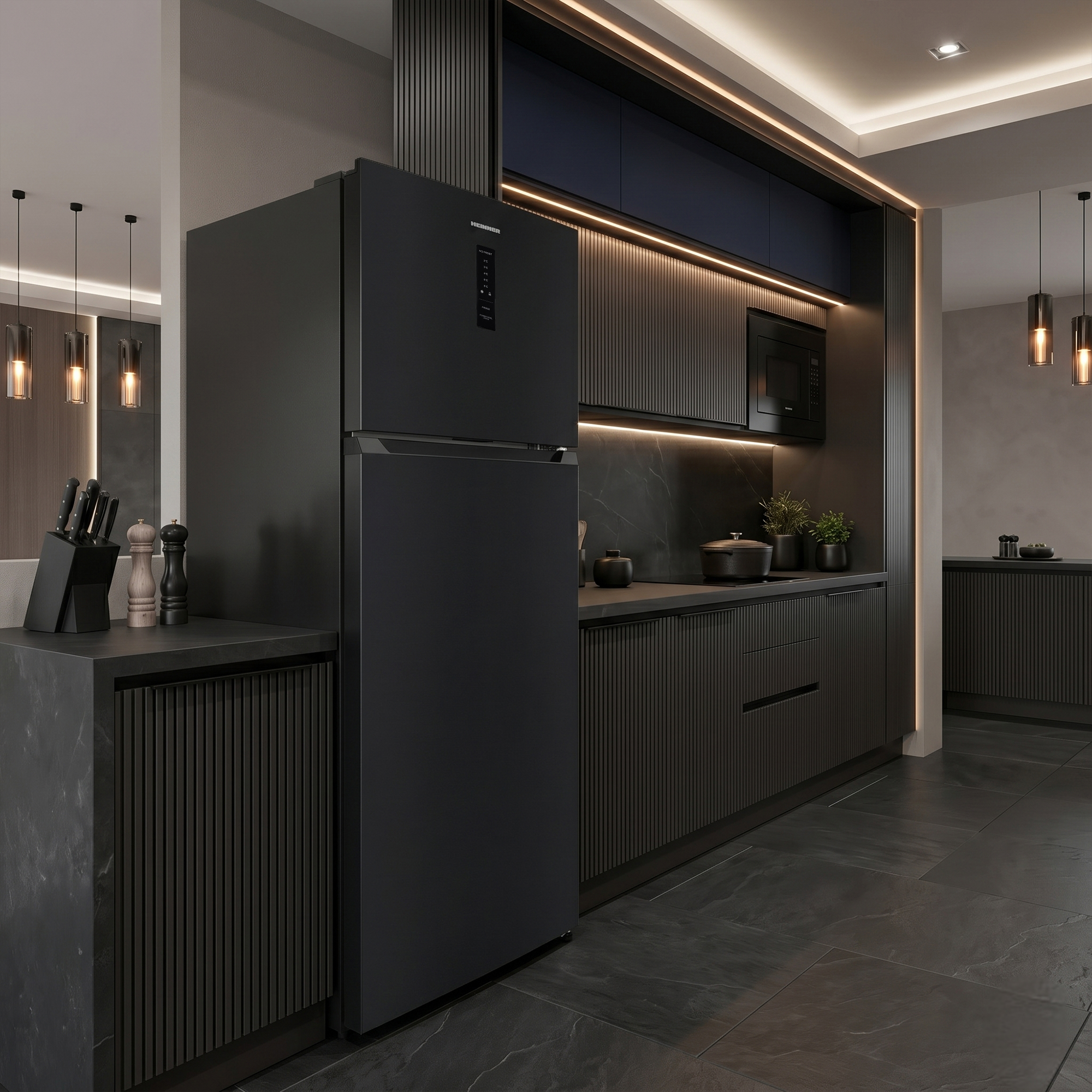 Black refrigerator in a modern dark kitchen with an island and pendant lights.