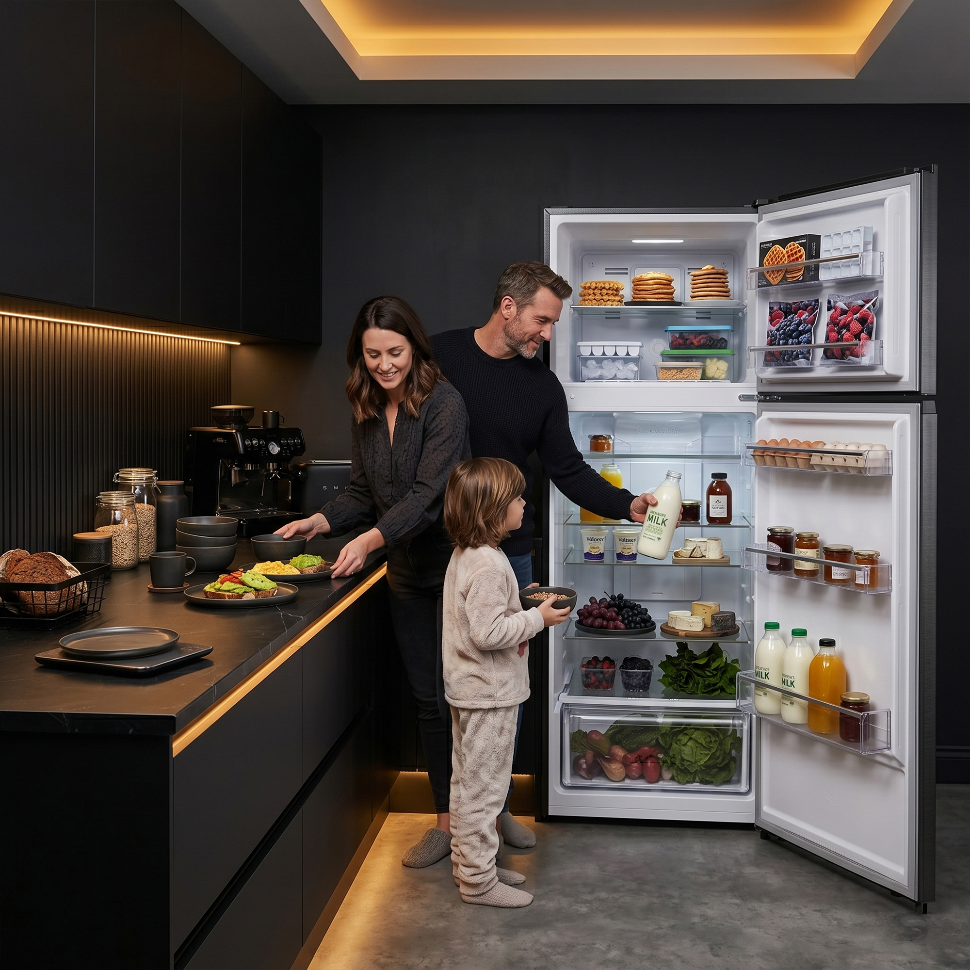 Family in modern kitchen with open fridge full of food.