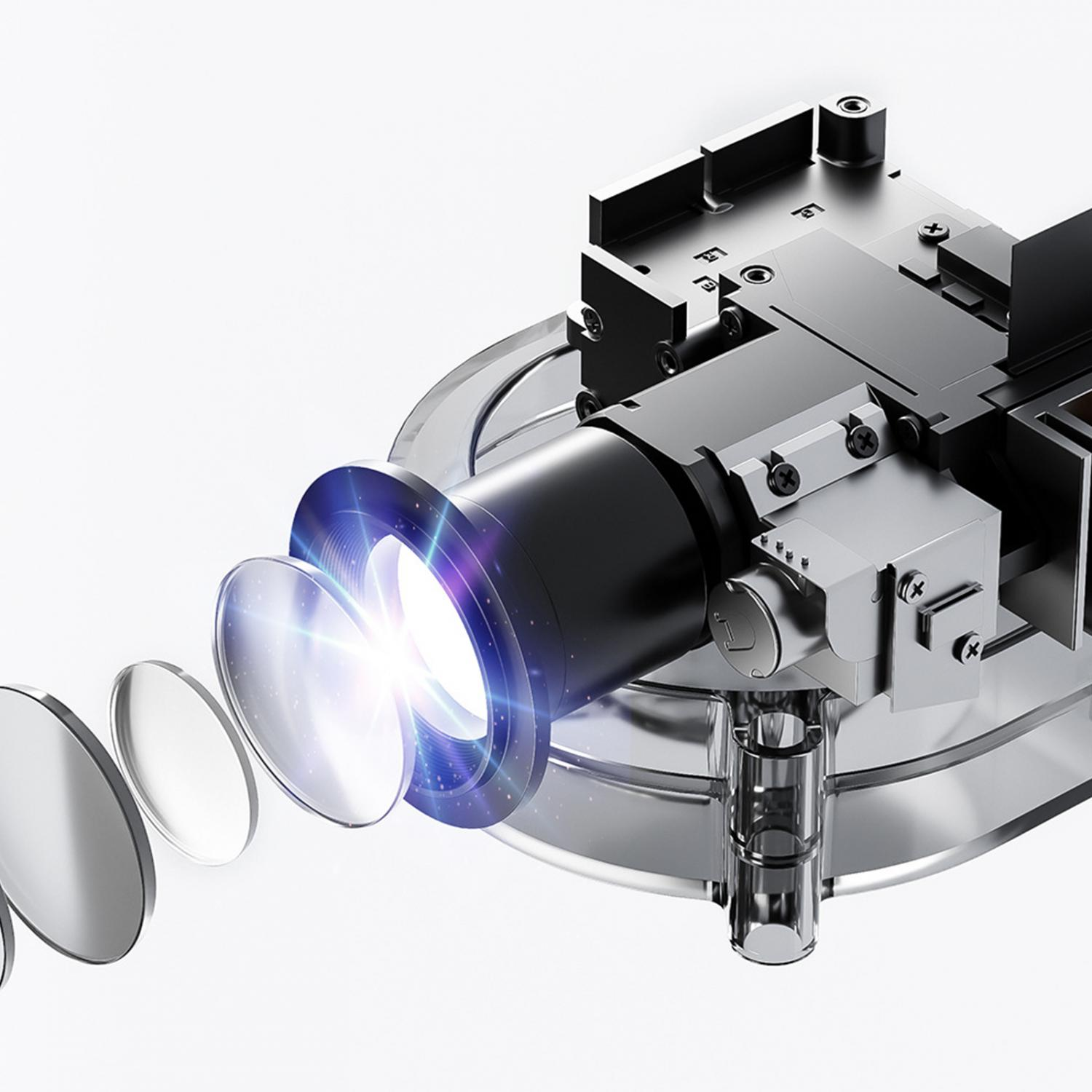 Nahaufnahme eines optischen Systems mit Linsen und metallischen Komponenten.