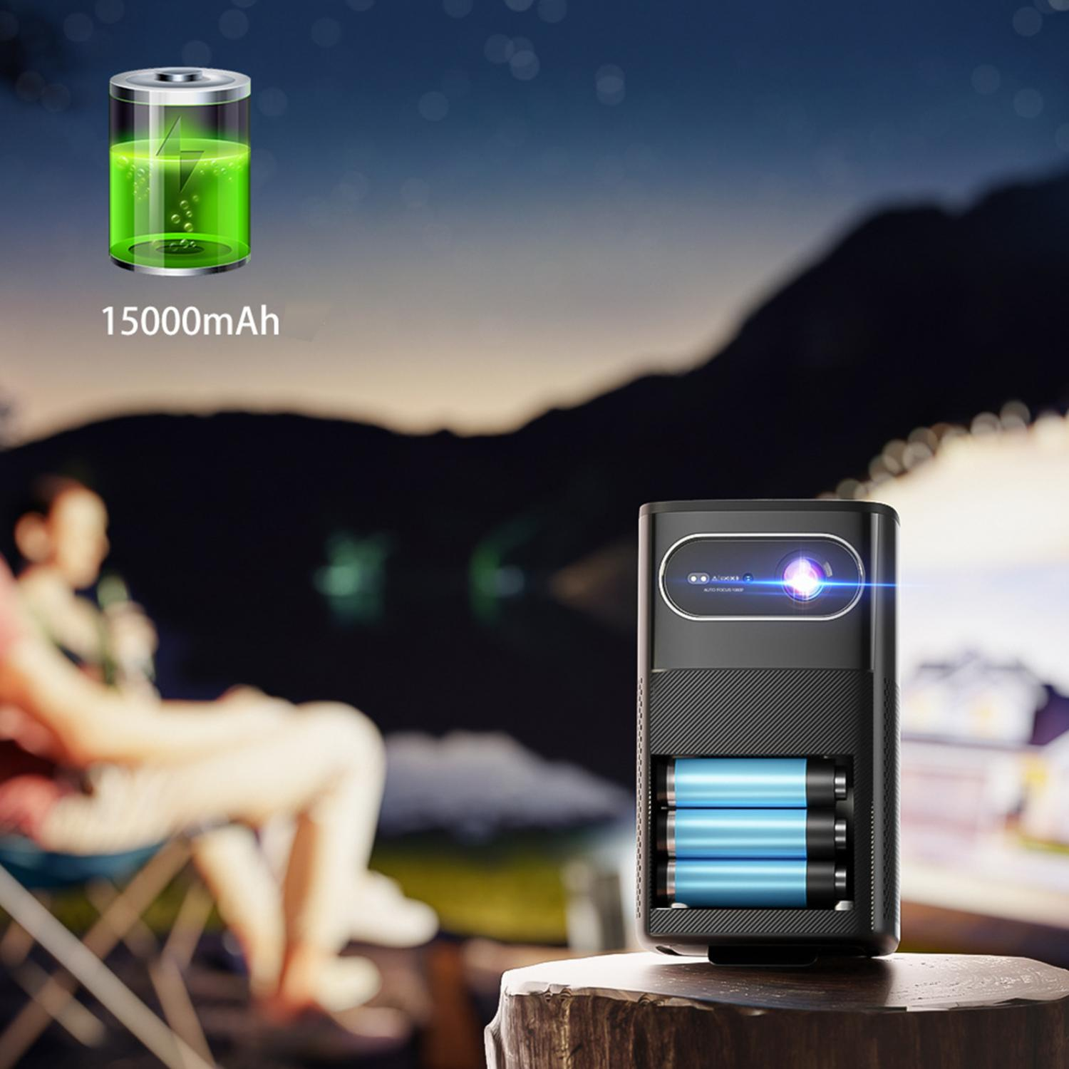 Ein Projektor mit 3 Batterien steht im Freien, daneben eine 15000mAh Batterieanzeige.