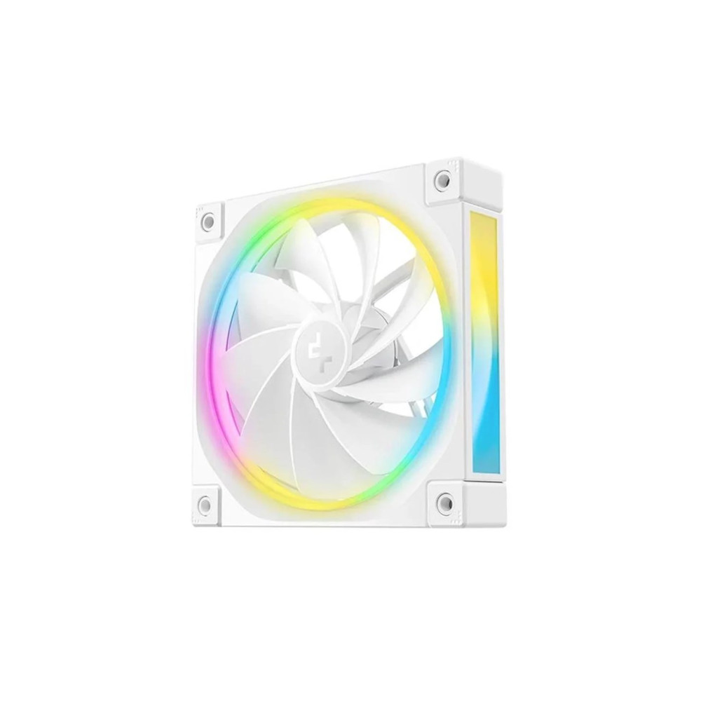Biały wentylator PC z oświetleniem RGB na łopatkach i ramie.
