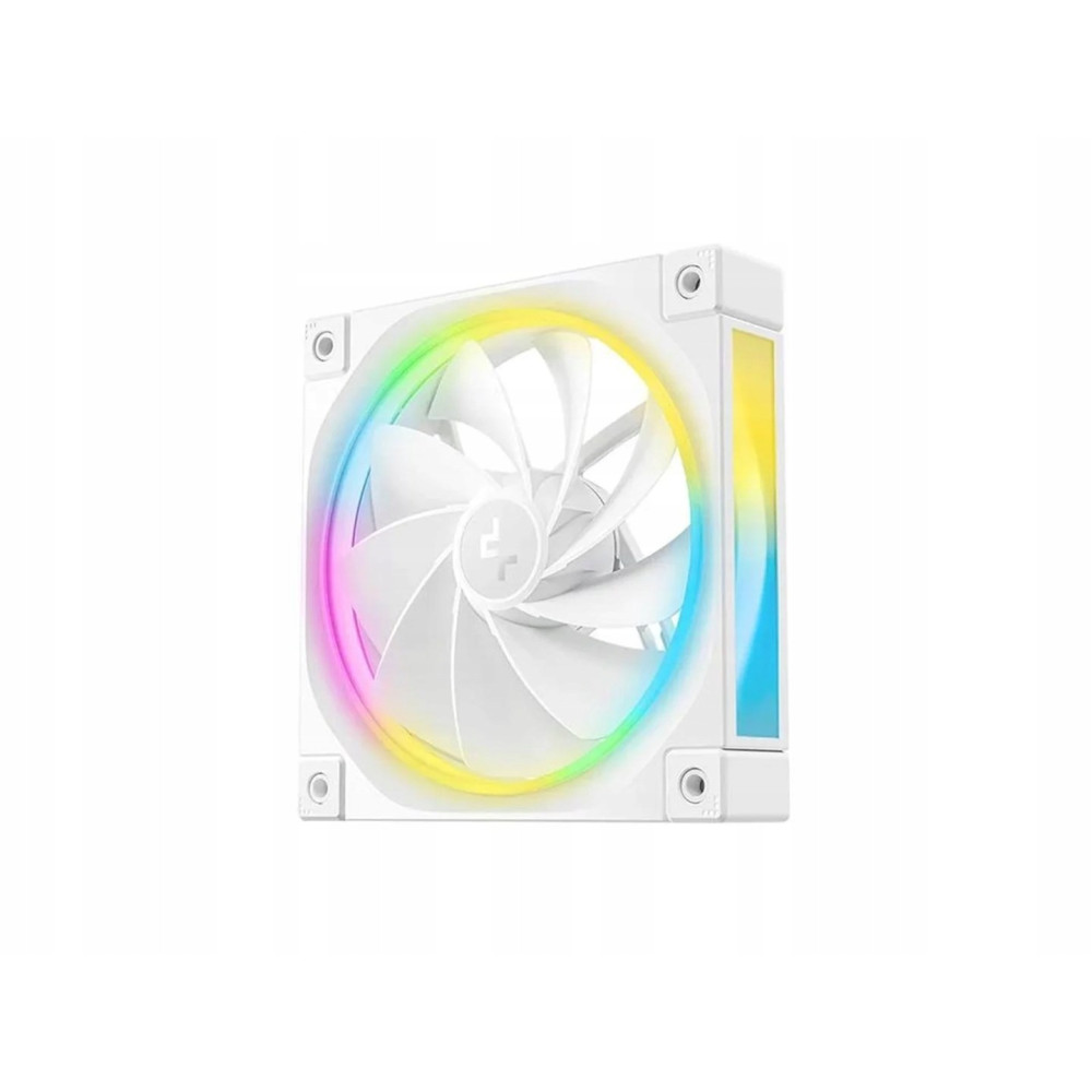Biały wentylator komputerowy z oświetleniem RGB. Łopatki są białe, a ramka świeci w kolorach tęczy.