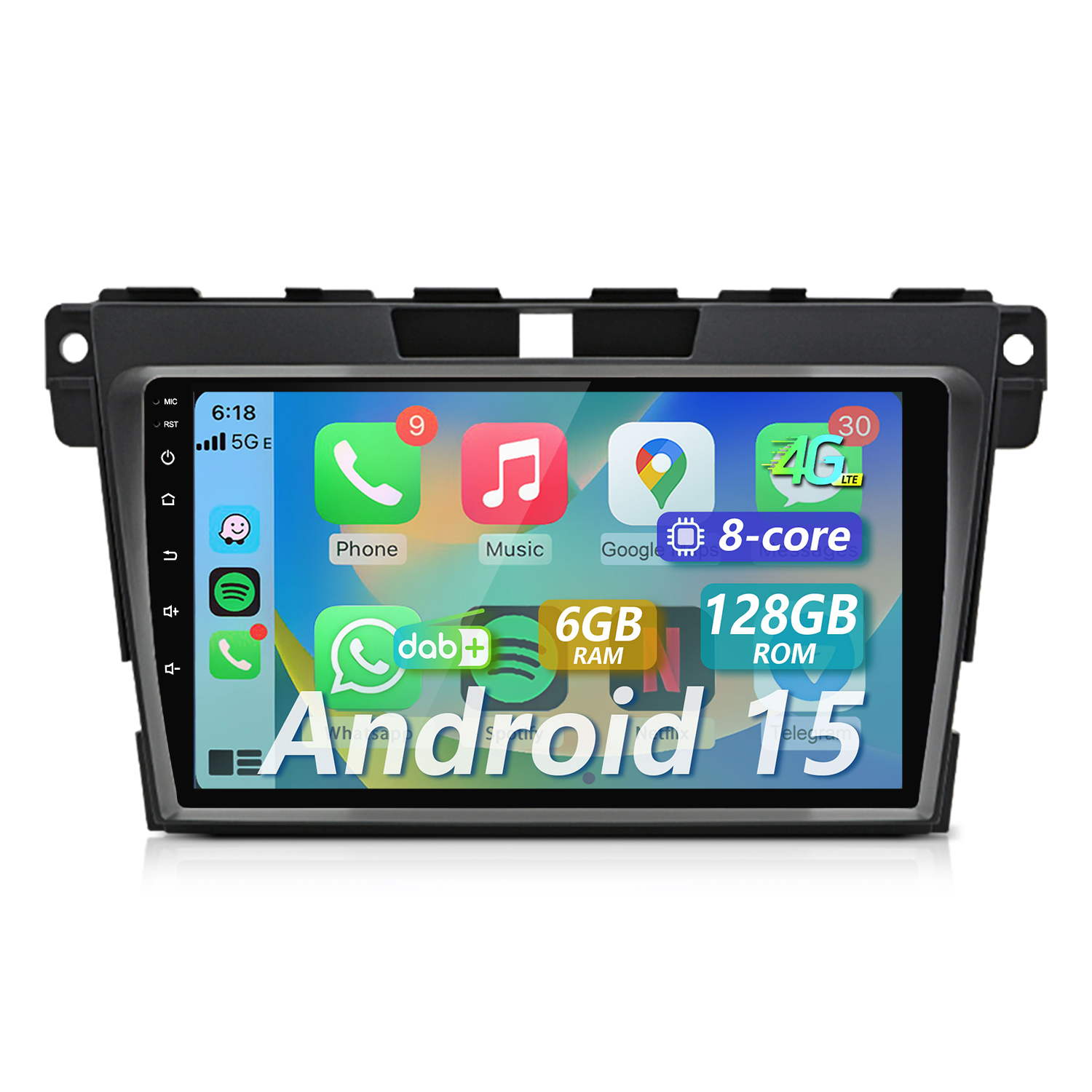 Ein Auto-Infotainment-System mit Android 15, 8-Kern, 6GB RAM, 128GB ROM.