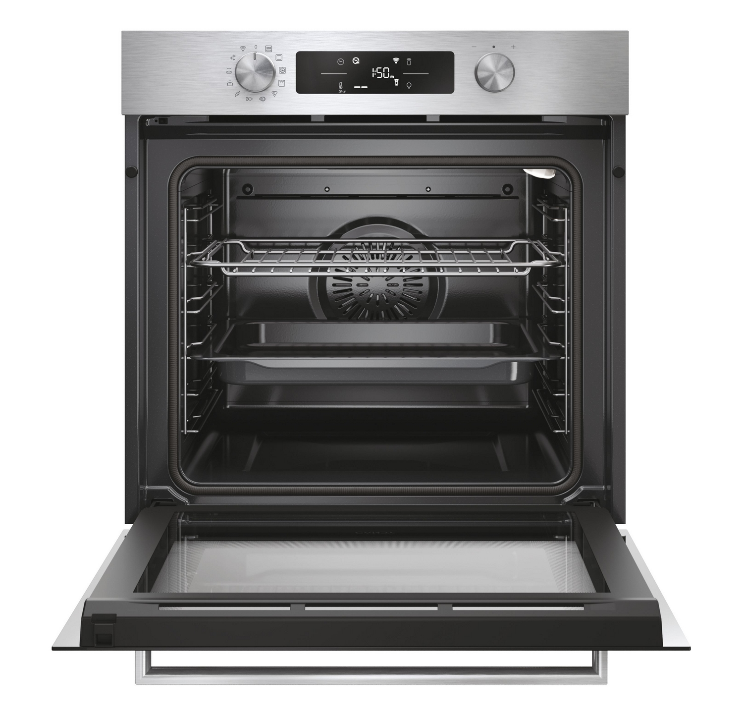 Un moderno forno in acciaio inox con porta aperta, mostra griglie e teglie all'interno.