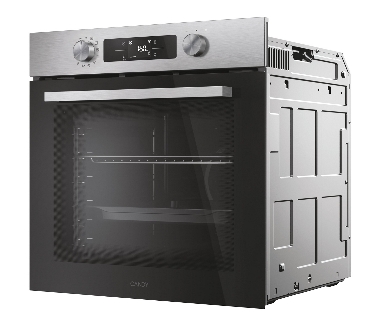 Un moderno forno da incasso argentato con porta in vetro nero e display digitale.