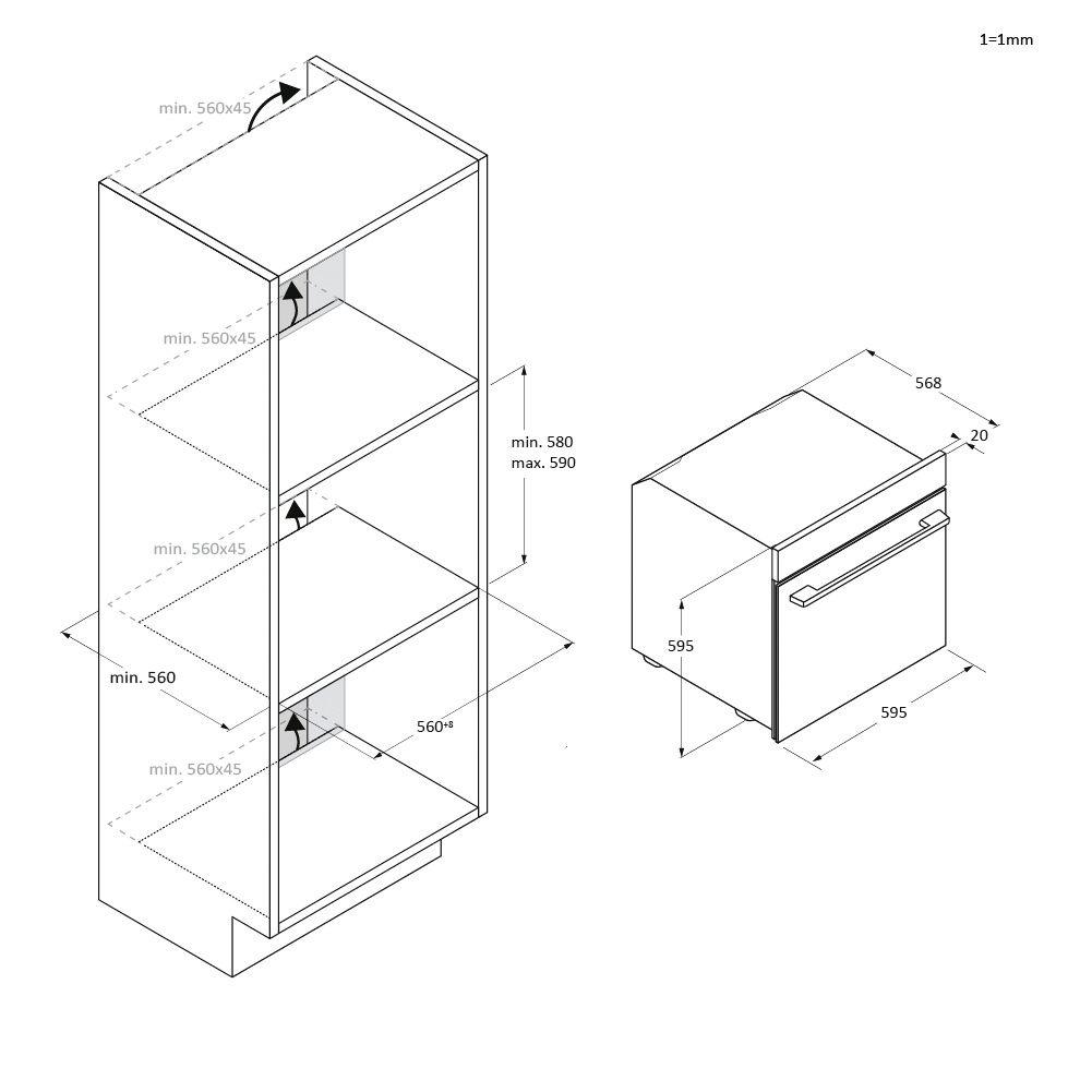 Disegno al tratto che mostra le dimensioni di un pensile e di una lavastoviglie.