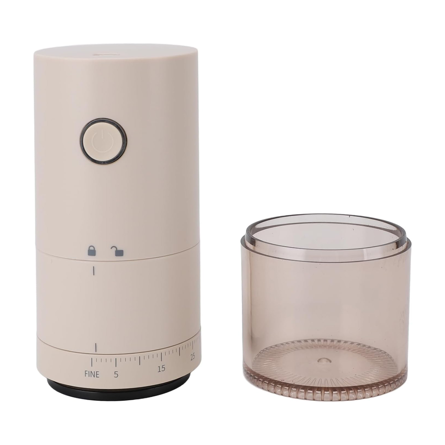 Cuerpo de molinillo de café eléctrico beige con botón de encendido y recipiente transparente separado.