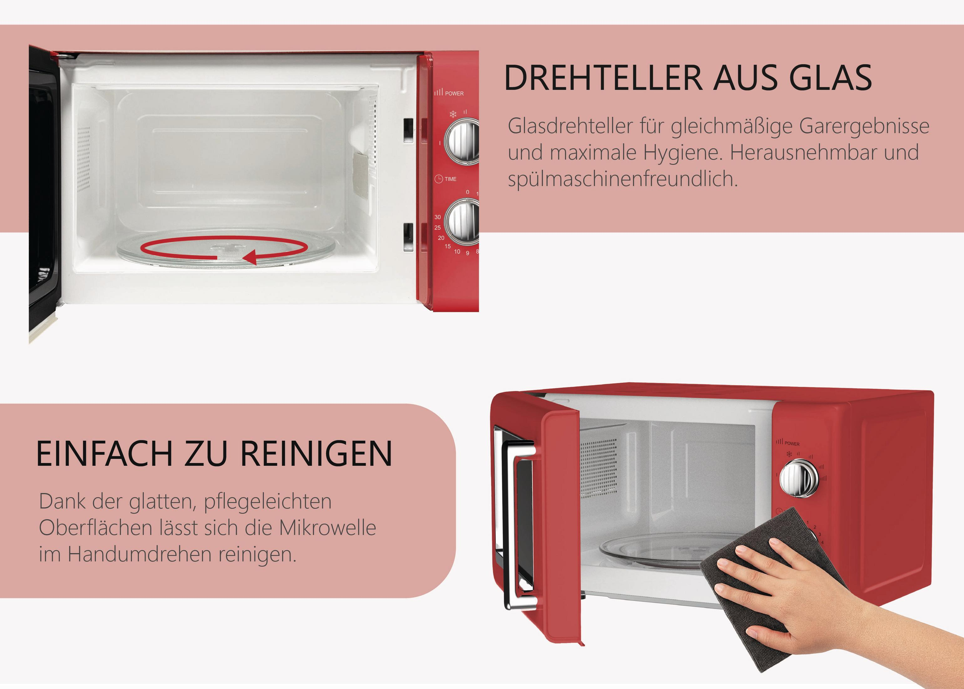 Rote Mikrowelle mit Glasdrehteller und Reinigungszubehör.