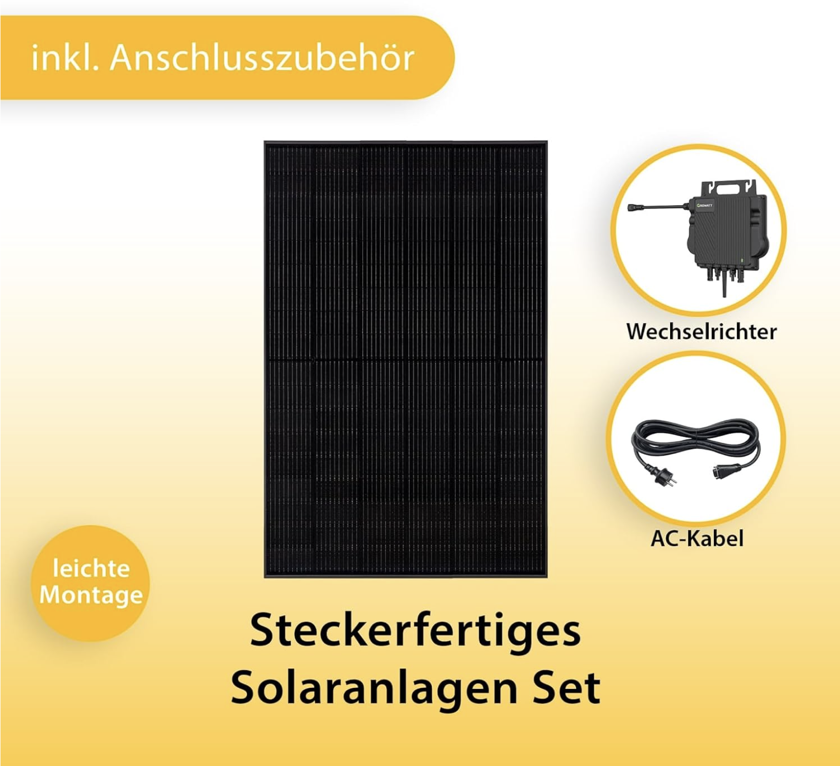 Schwarzes Solarpanel mit Wechselrichter und AC-Kabel. "Leichte Montage".