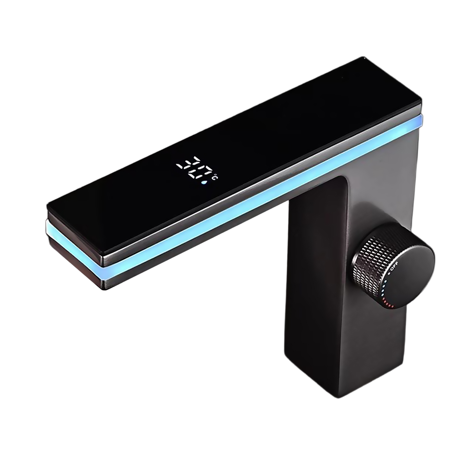 Grifo moderno con pantalla digital de temperatura y luz LED azul.