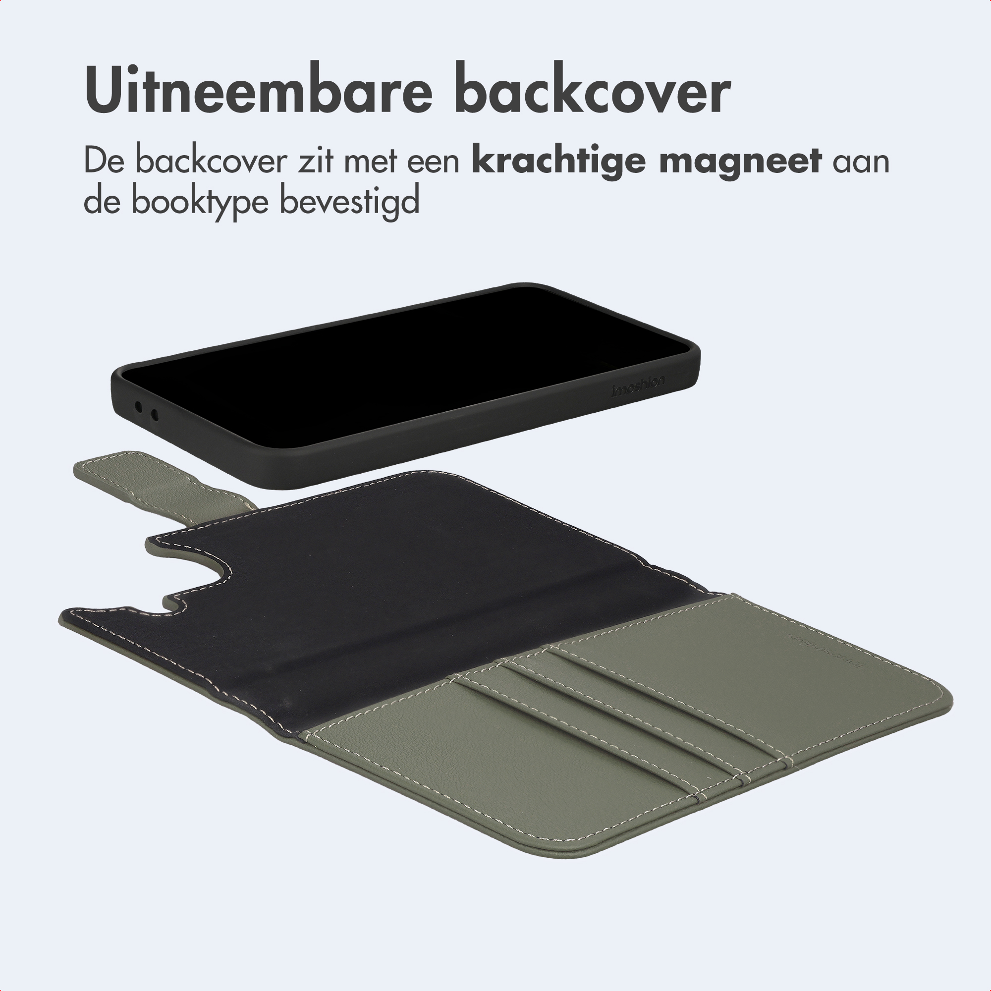 Abnehmbare Handyhülle mit Magnetbefestigung an einer Buchhülle.