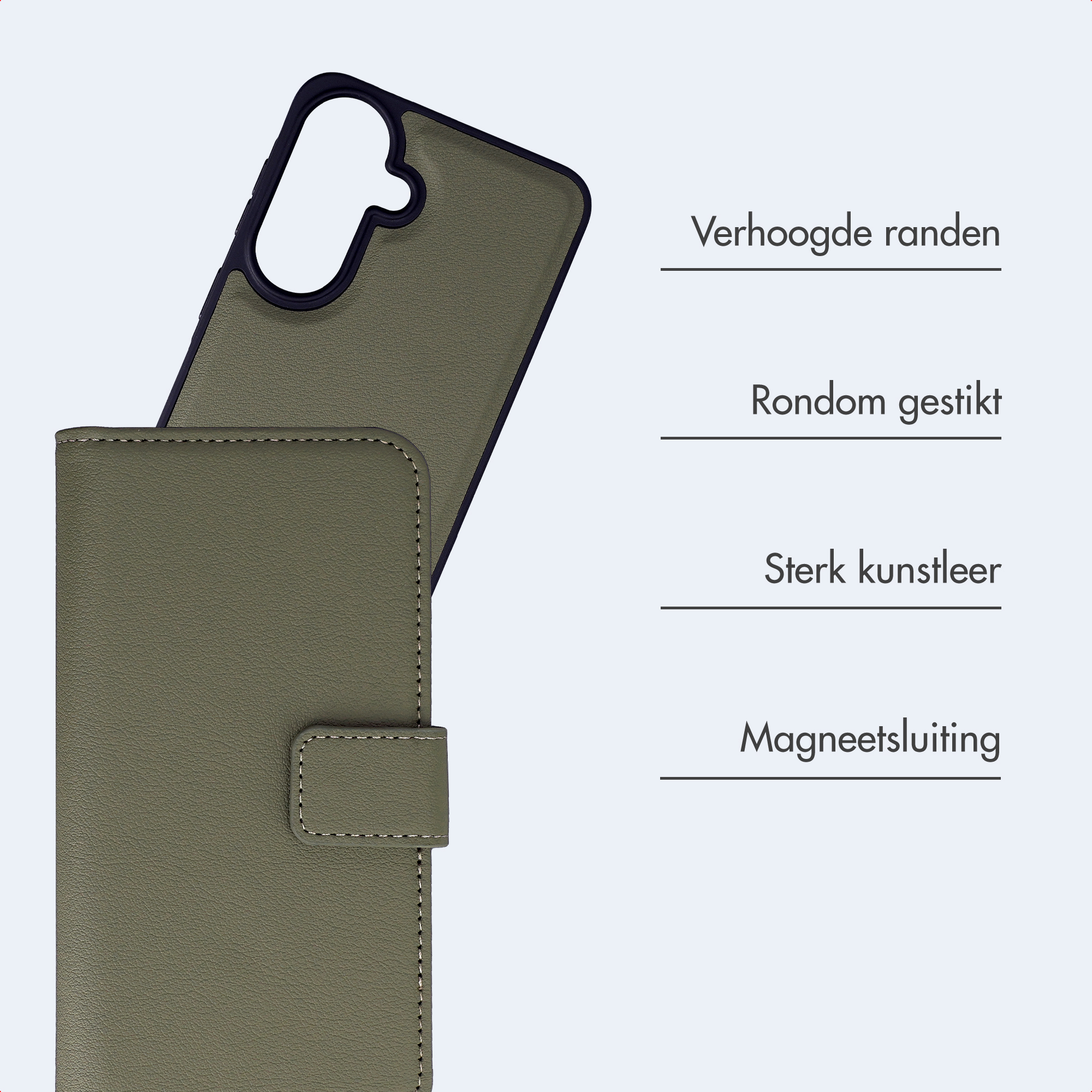 Grüne Handyhülle mit erhöhten Rändern und Magnetverschluss.