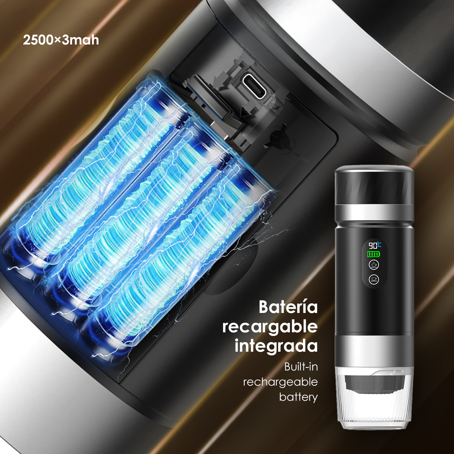 Nahaufnahme eines schwarzen Geräts mit klarem Boden, das drei leuchtende blaue Batterien zeigt.