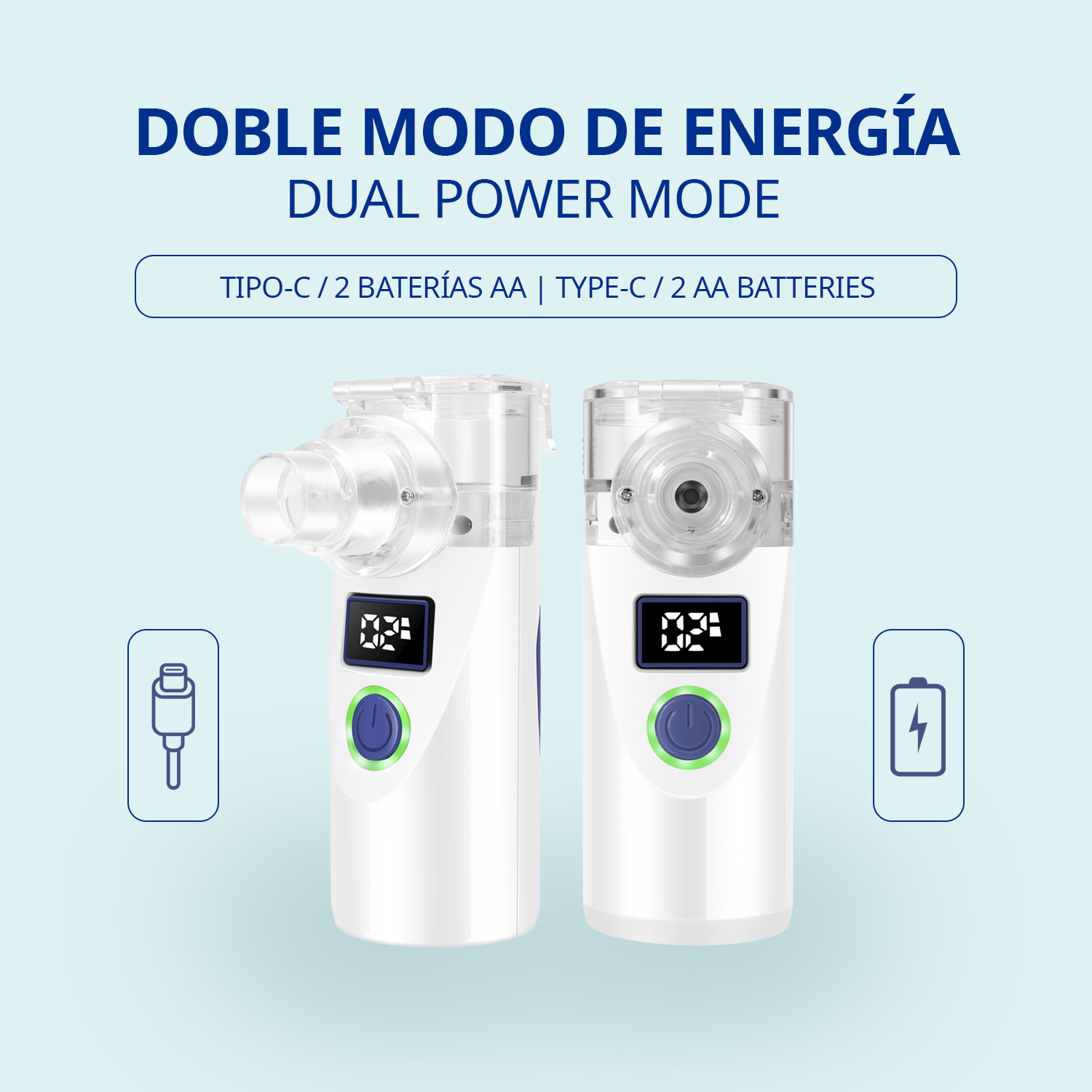 Dos nebulizadores blancos con pantallas digitales. Izquierda: icono USB-C. Derecha: icono batería.