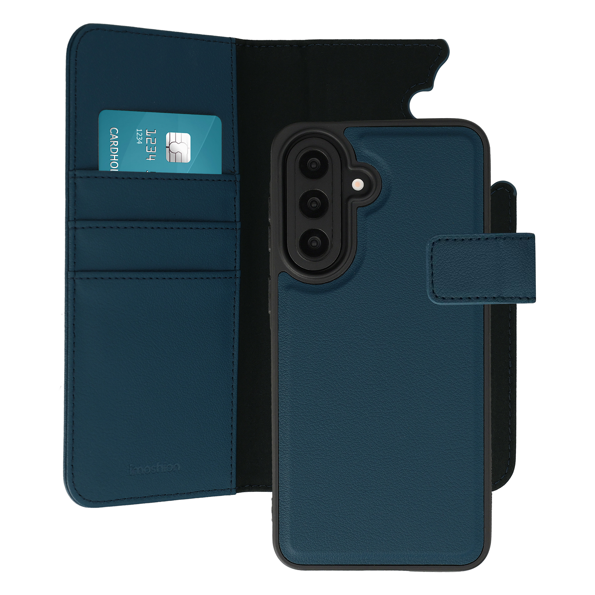 Ein dunkelblauer Leder-Flip-Case für ein Handy mit Kartenfach und einer Kreditkarte.
