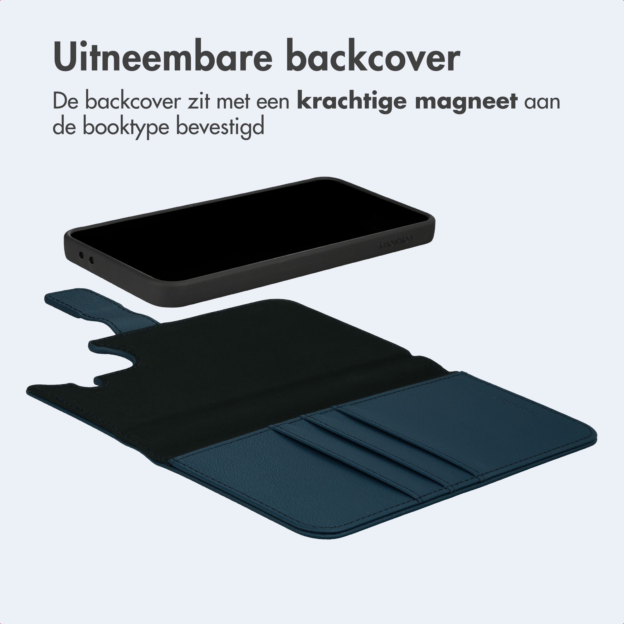 Ein schwarzes Handy mit abnehmbarer Hülle und einer blauen Brieftasche daneben.