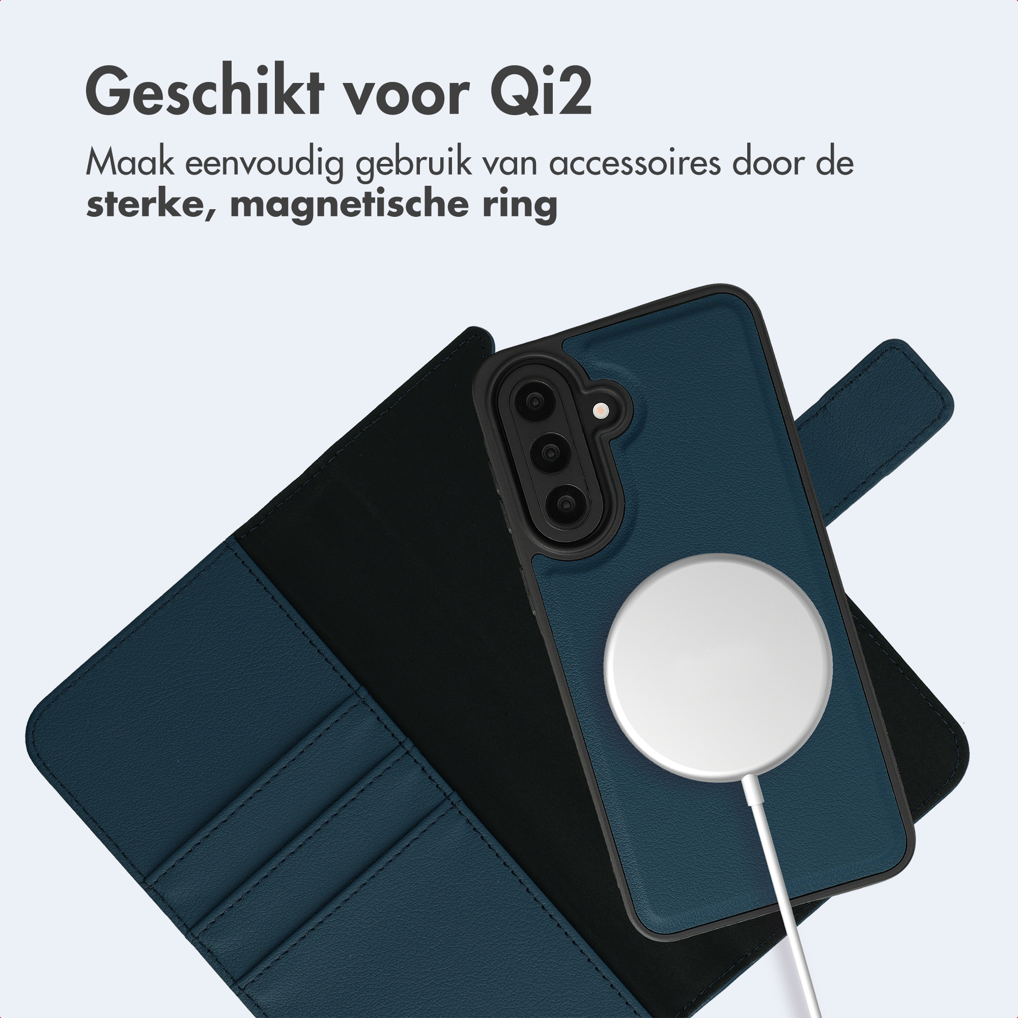 Eine blaue Handyhülle mit einem weißen Ladekreis und Text.