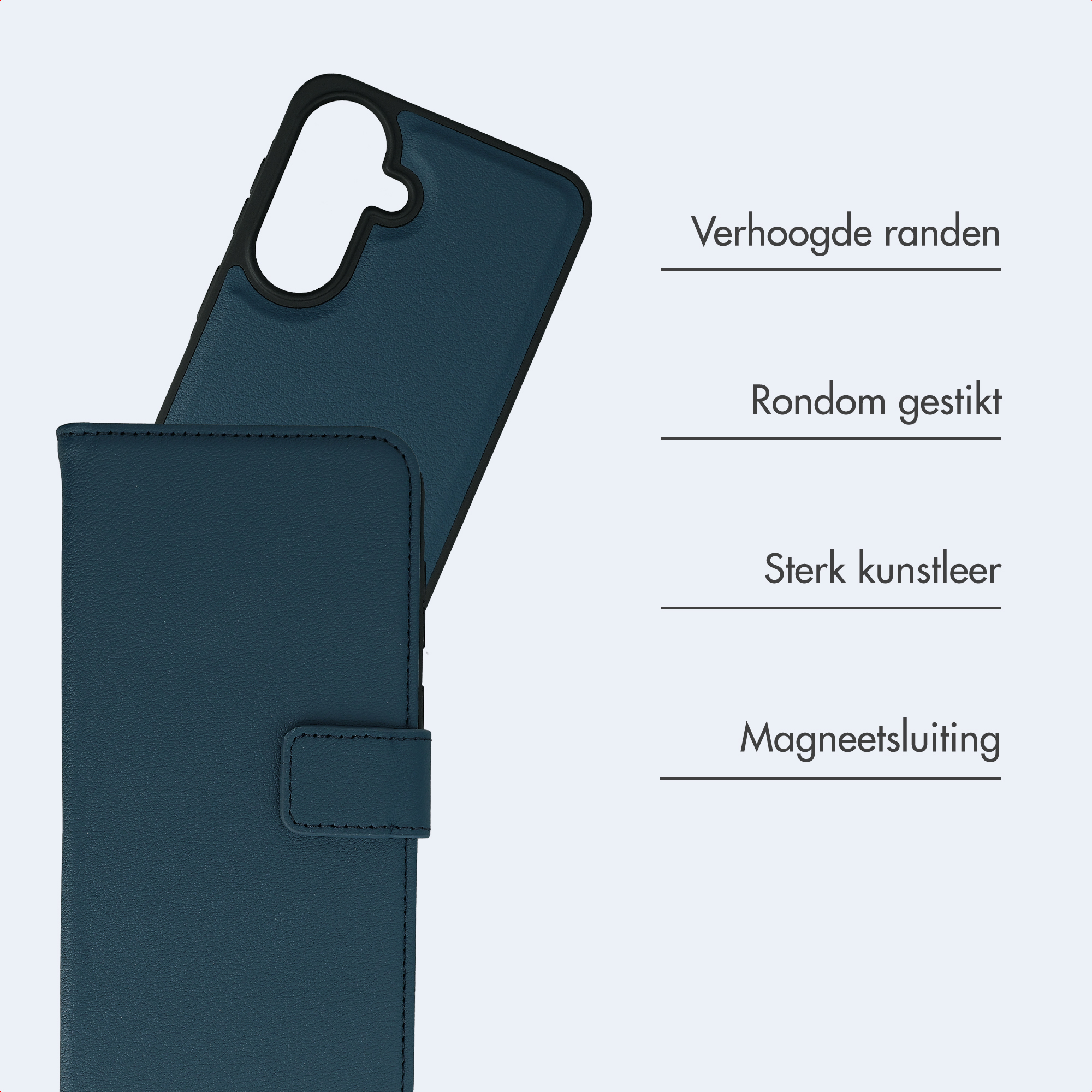 Dunkelblaue Handyhülle mit erhöhtem Rand, Nähten und Magnetverschluss.