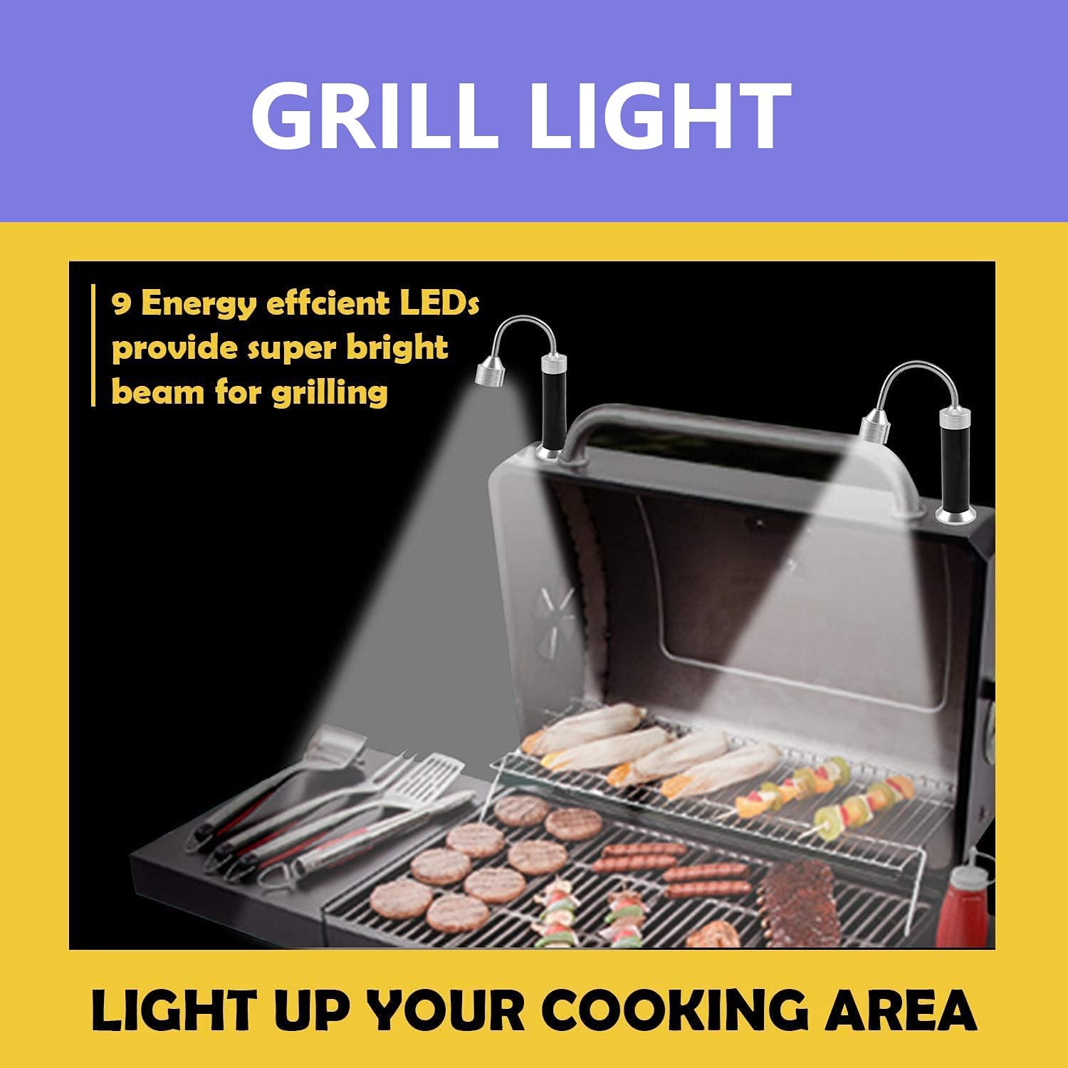 Ein Grill mit Lichtern, Burgern, Würstchen und Maiskolben.
