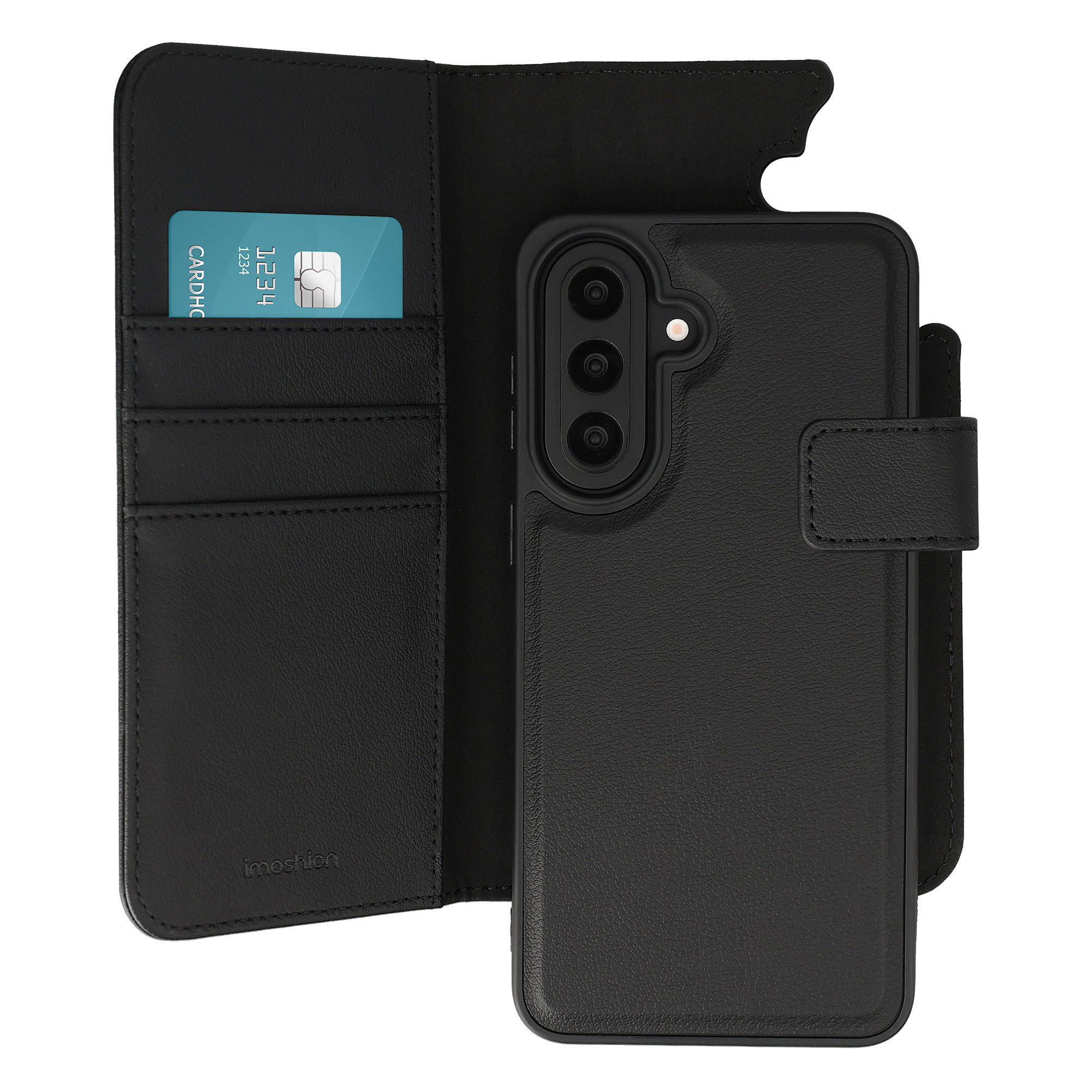 Schwarzes Leder-Flip-Case mit Kartensteckplatz und Handy-Rückseite.