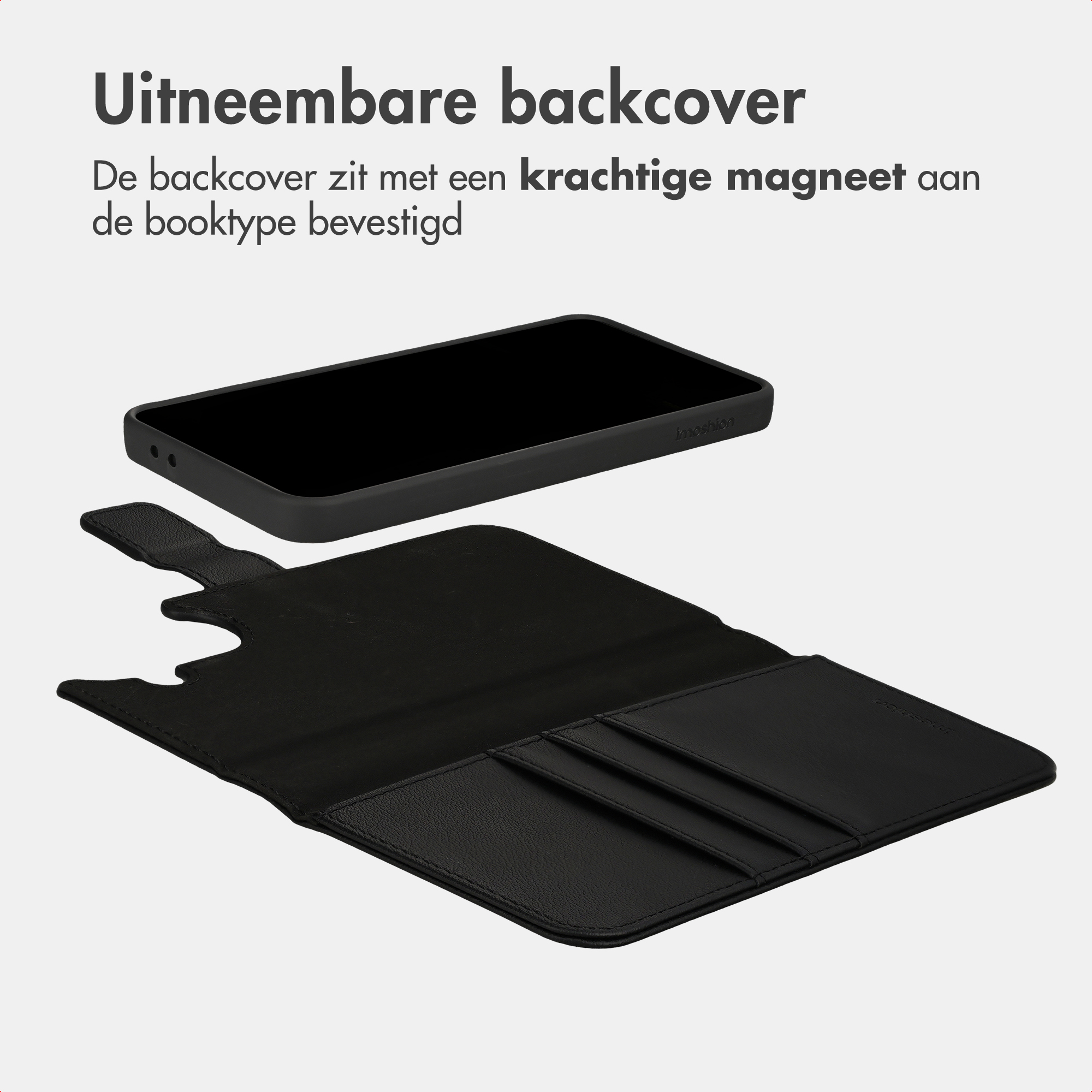 Schwarze Handyhülle mit abnehmbarem Rückenteil und Kartenfächern.