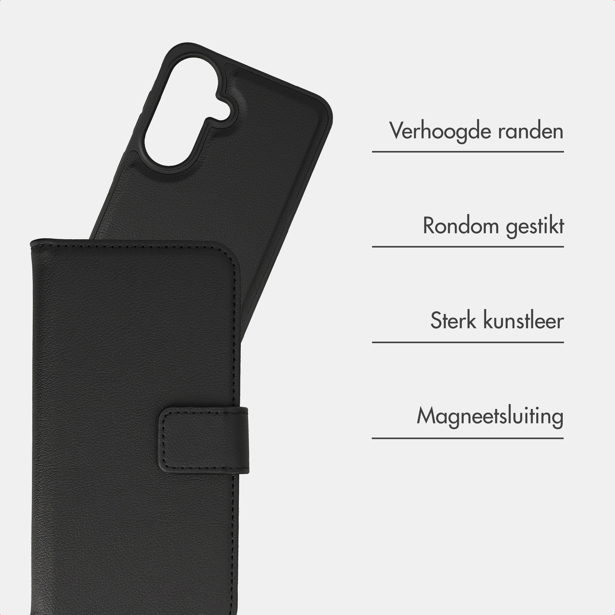 Schwarzes Kunstleder-Flip-Case mit erhöhten Rändern und Magnetverschluss.