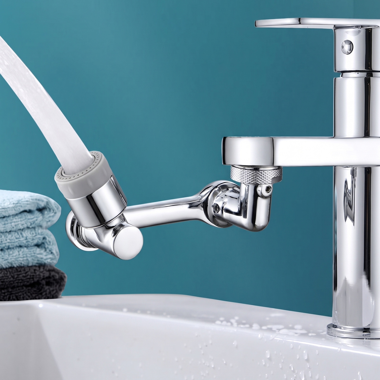 Grifo cromado con cabezal rociador ajustable, agua fluyendo hacia un lavabo blanco. Fondo azul.