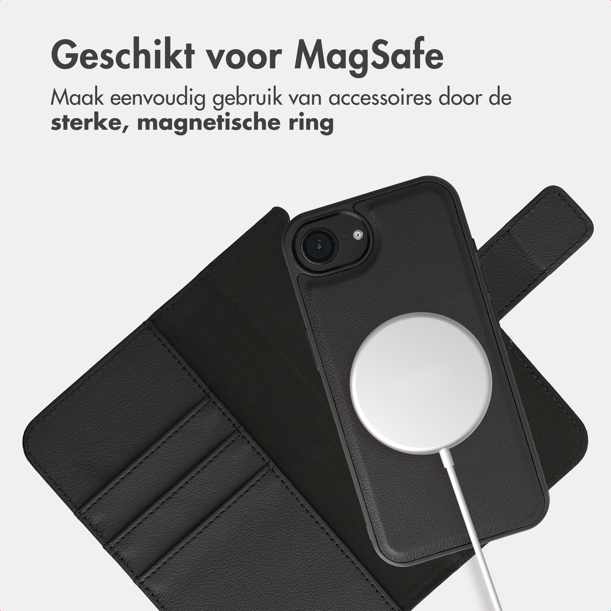 Schwarze Handyhülle mit MagSafe-Ladegerät und Kartenfächern auf grauem Hintergrund.
