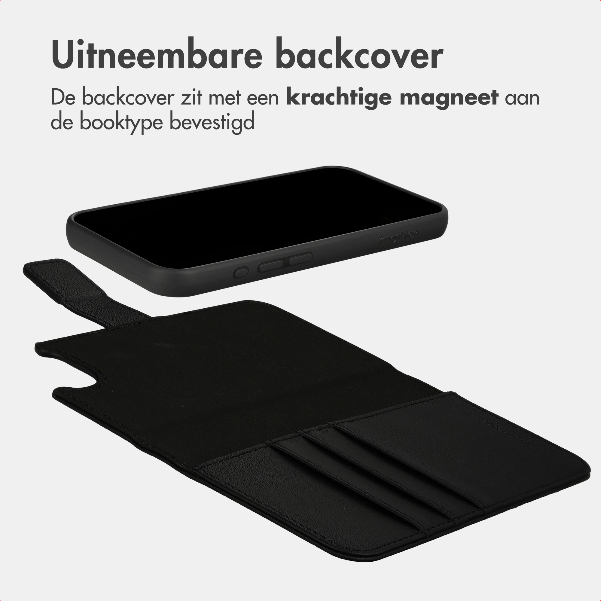 Schwarze Handyhülle mit Kartenfächern und einem abnehmbaren Magnet-Backcover.