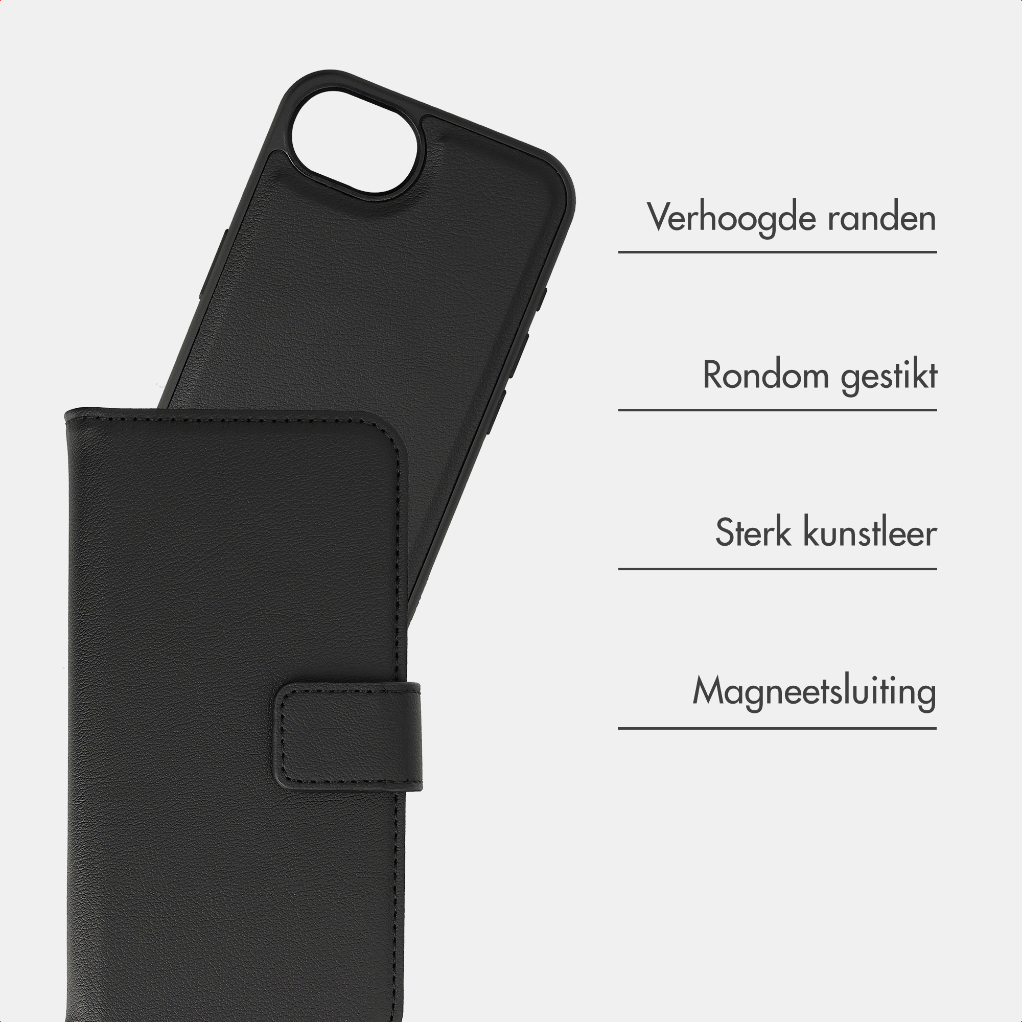 Schwarzes Kunstleder-Handyhülle mit erhöhten Kanten und Magnetverschluss.